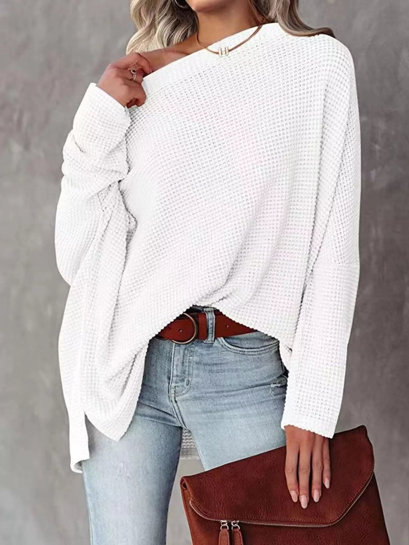 Trendsi Boat Neck Waffle Knit Top -
