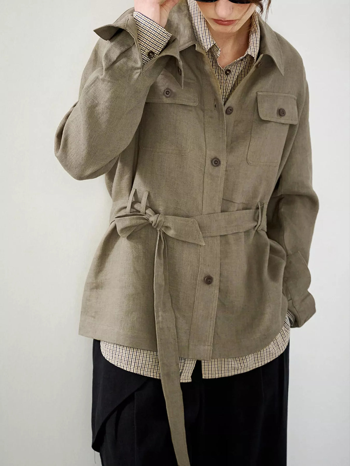 Belted shacket, olive cuff and front