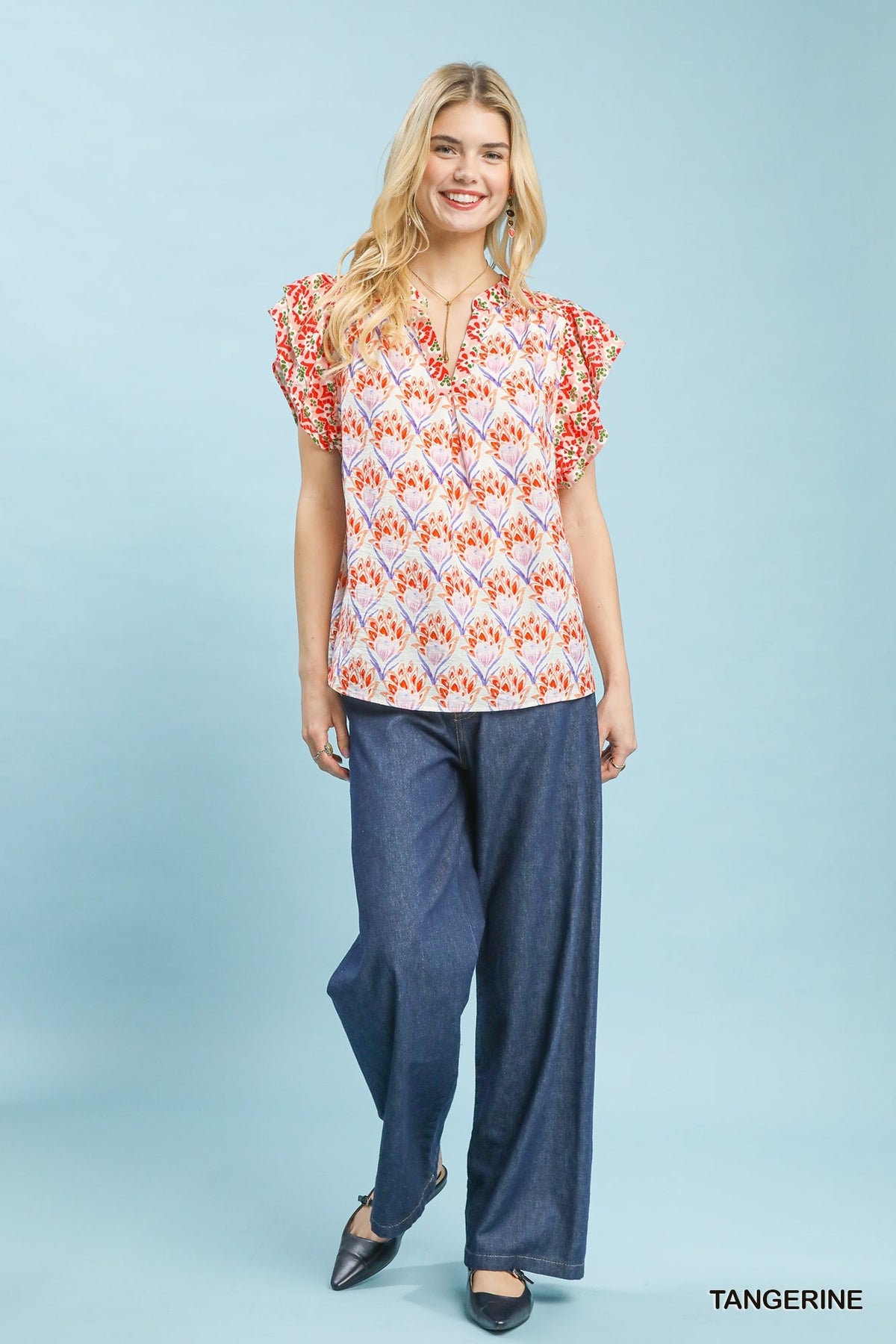 Women's Floral V-Neck Blouse With Double Frill Sleeves — product view 4