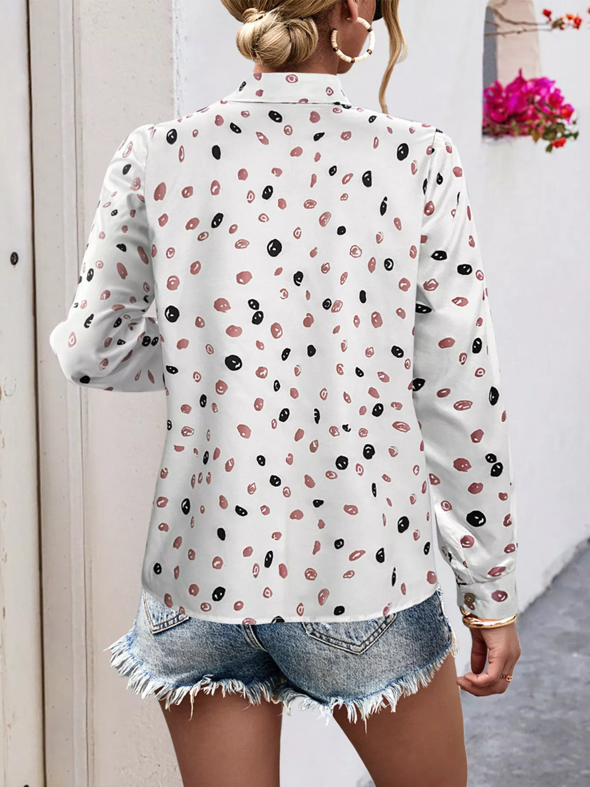 Printed Button-Down Long Sleeve Shirt in white, back view
