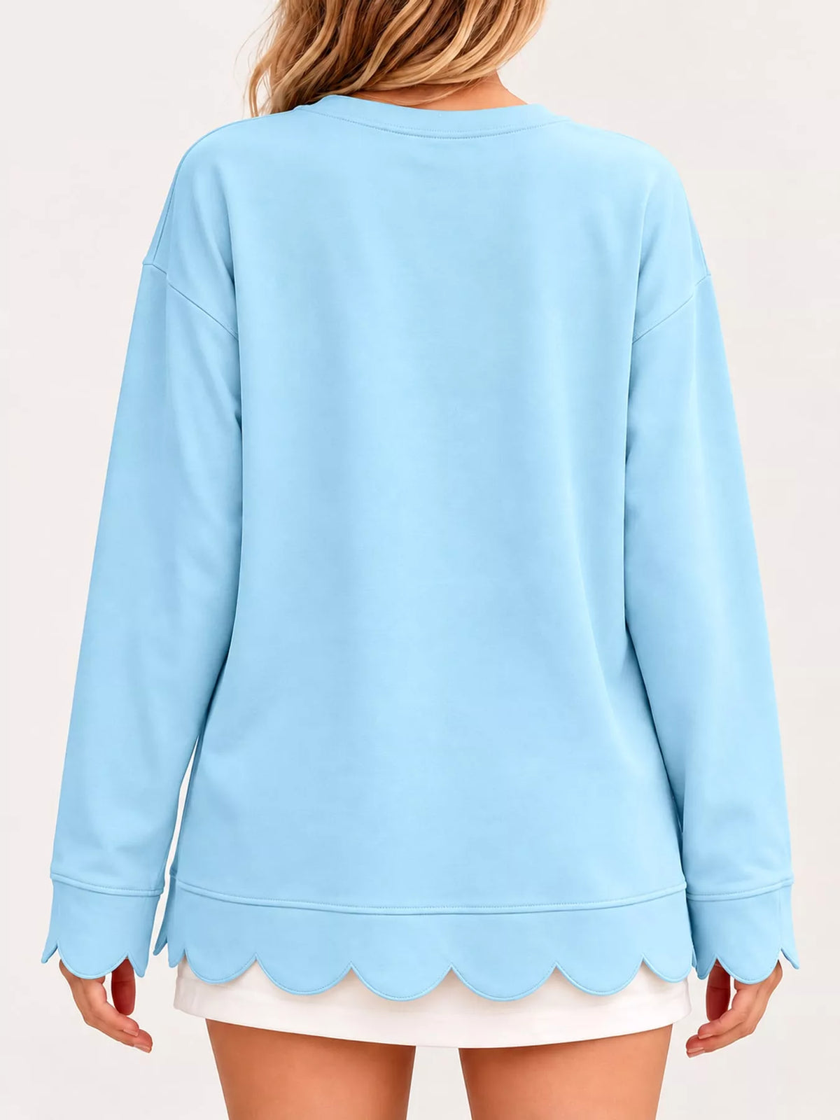 Light Blue scalloped hem crewneck sweatshirt, back view