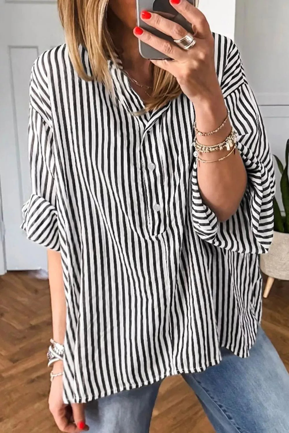 Trendsi Striped Half Sleeve Button-Up Shirt -