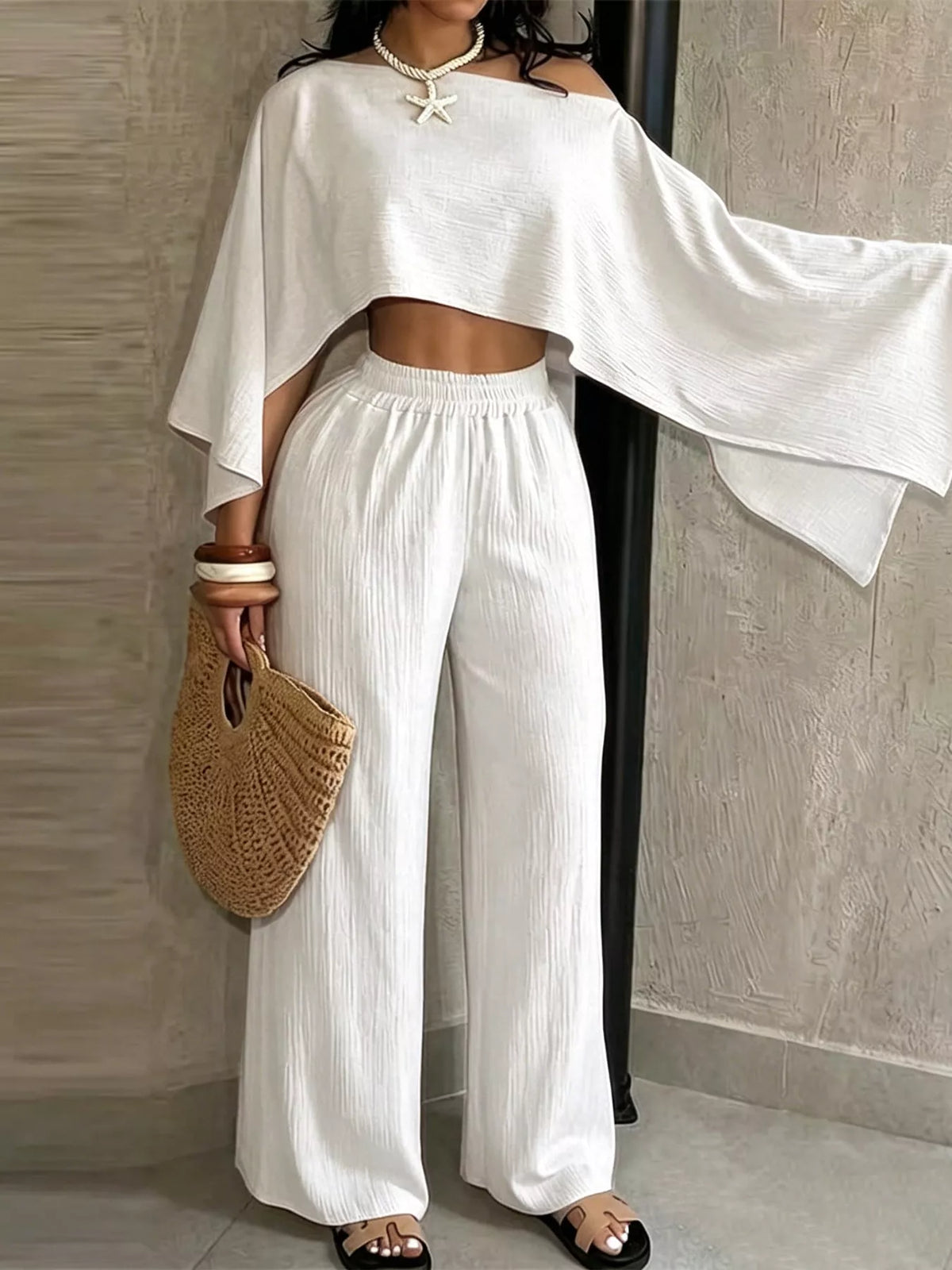 Women's Boat Neck Crop Top and Wide-Leg Pants Set in white — front view