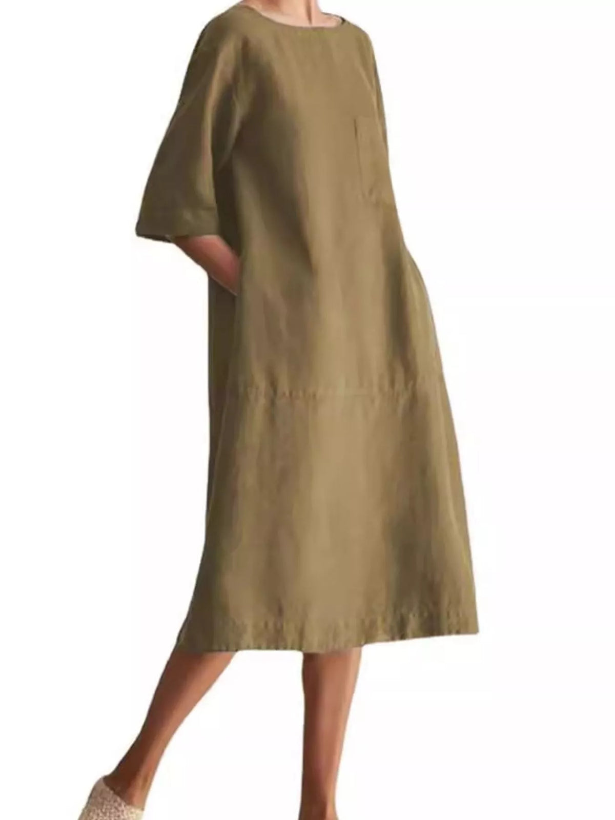 Boat neck short sleeve midi dress, front view on model