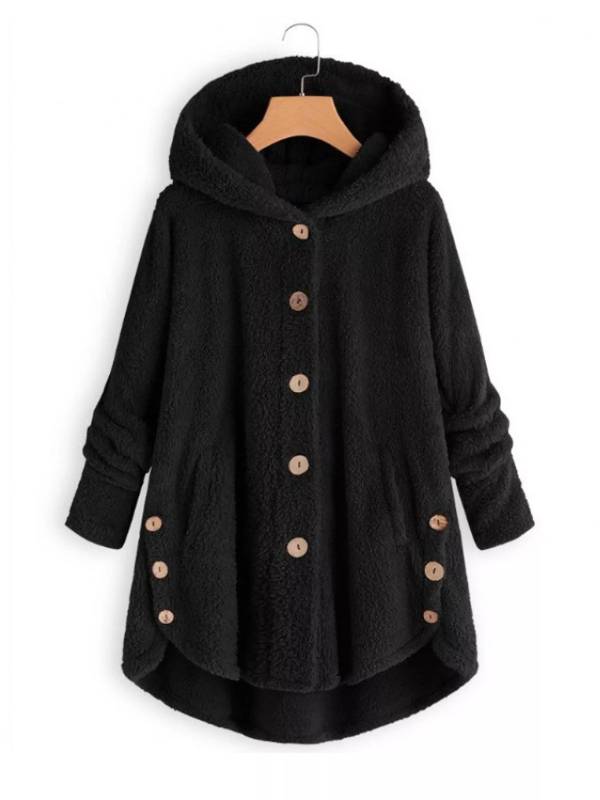 Black fleece button-up hooded jacket with curved high-low hem