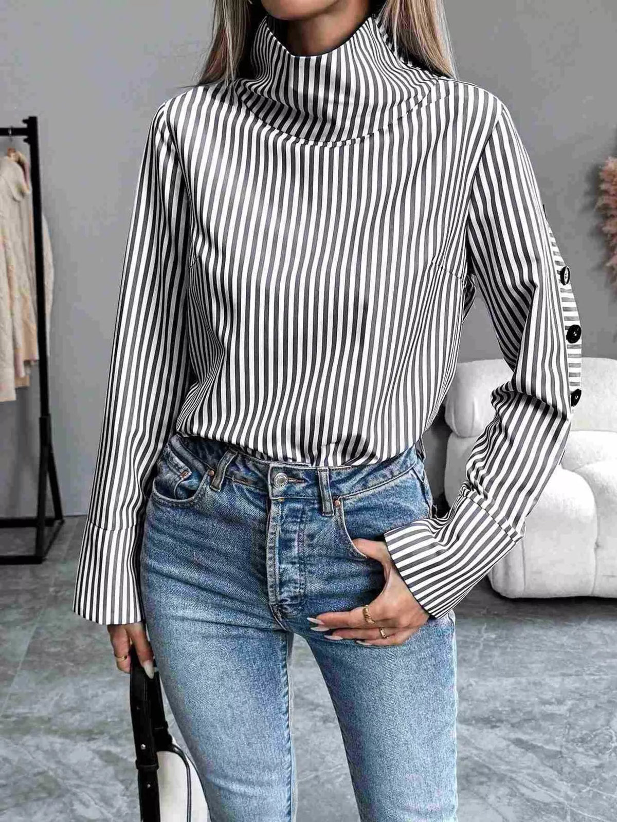 Trendsi Striped Turtleneck Long Sleeve Blouse -