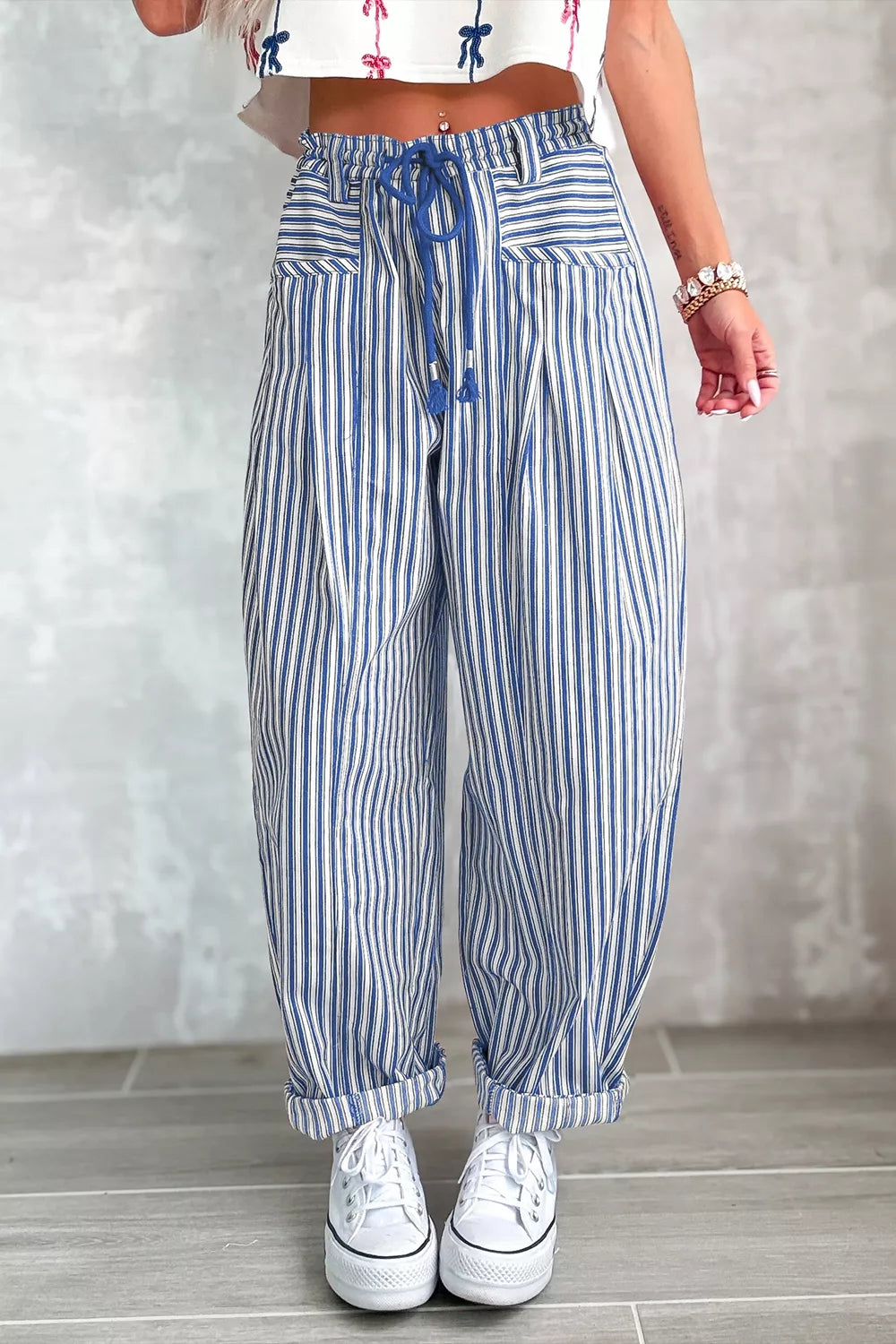 Trendsi Stripe Drawstring Casual Loose Pants -