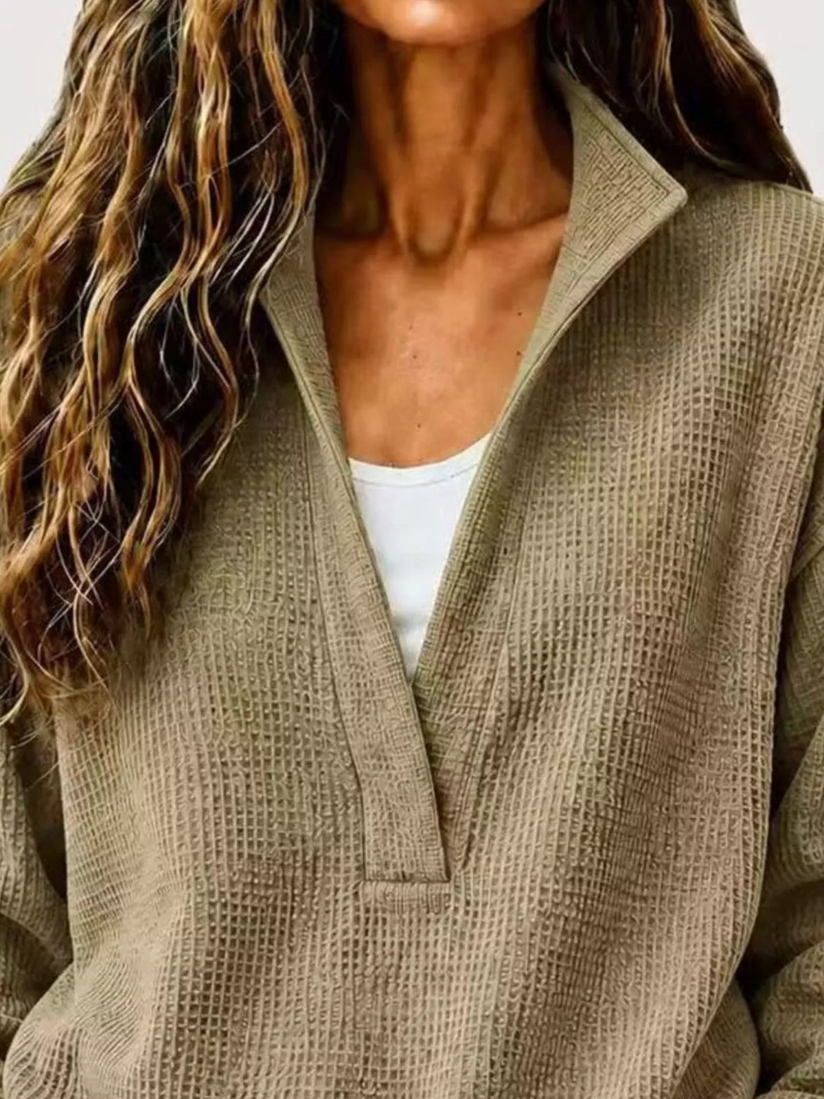 Taupe Waffle Knit Dropped Shoulder Sweatshirt detail view