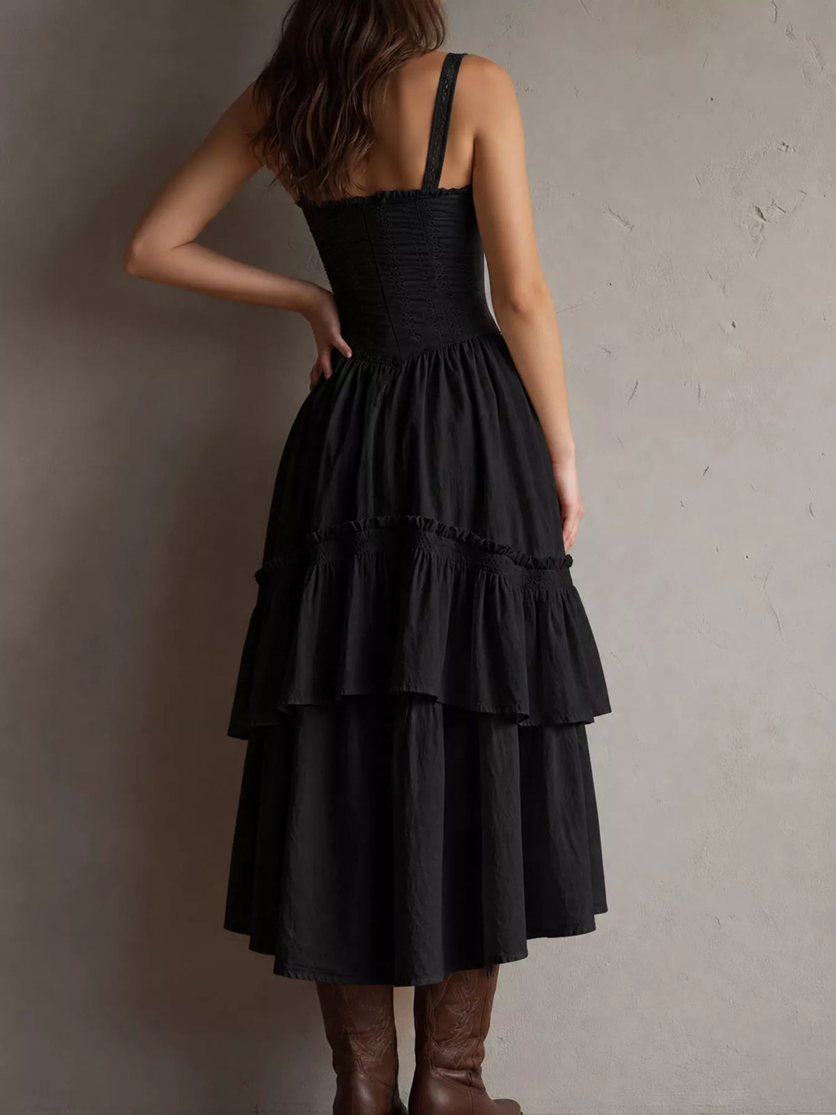 Layered Ruffle Midi Dress, back view in black