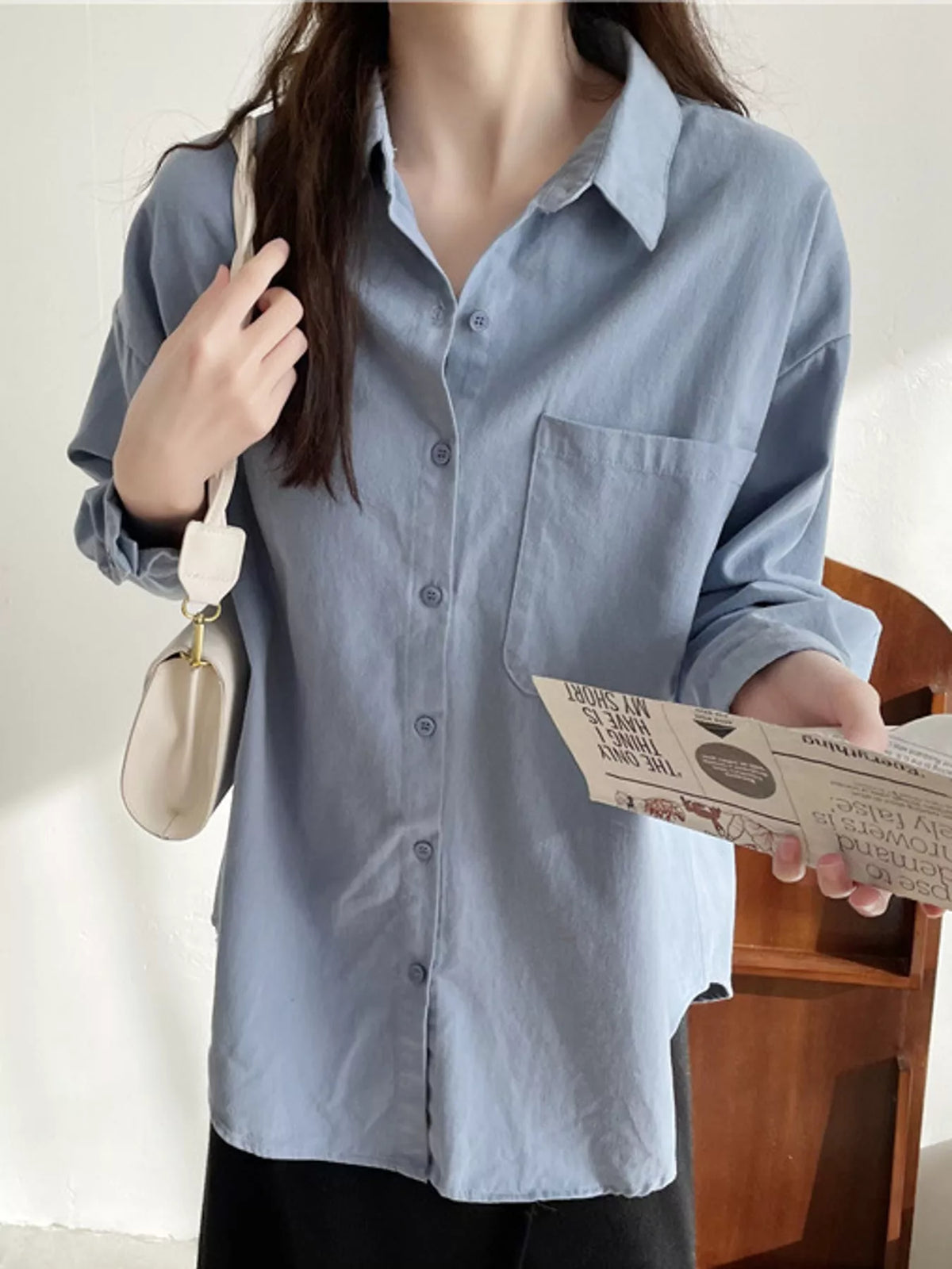 Blue oversized button-down long sleeve shirt