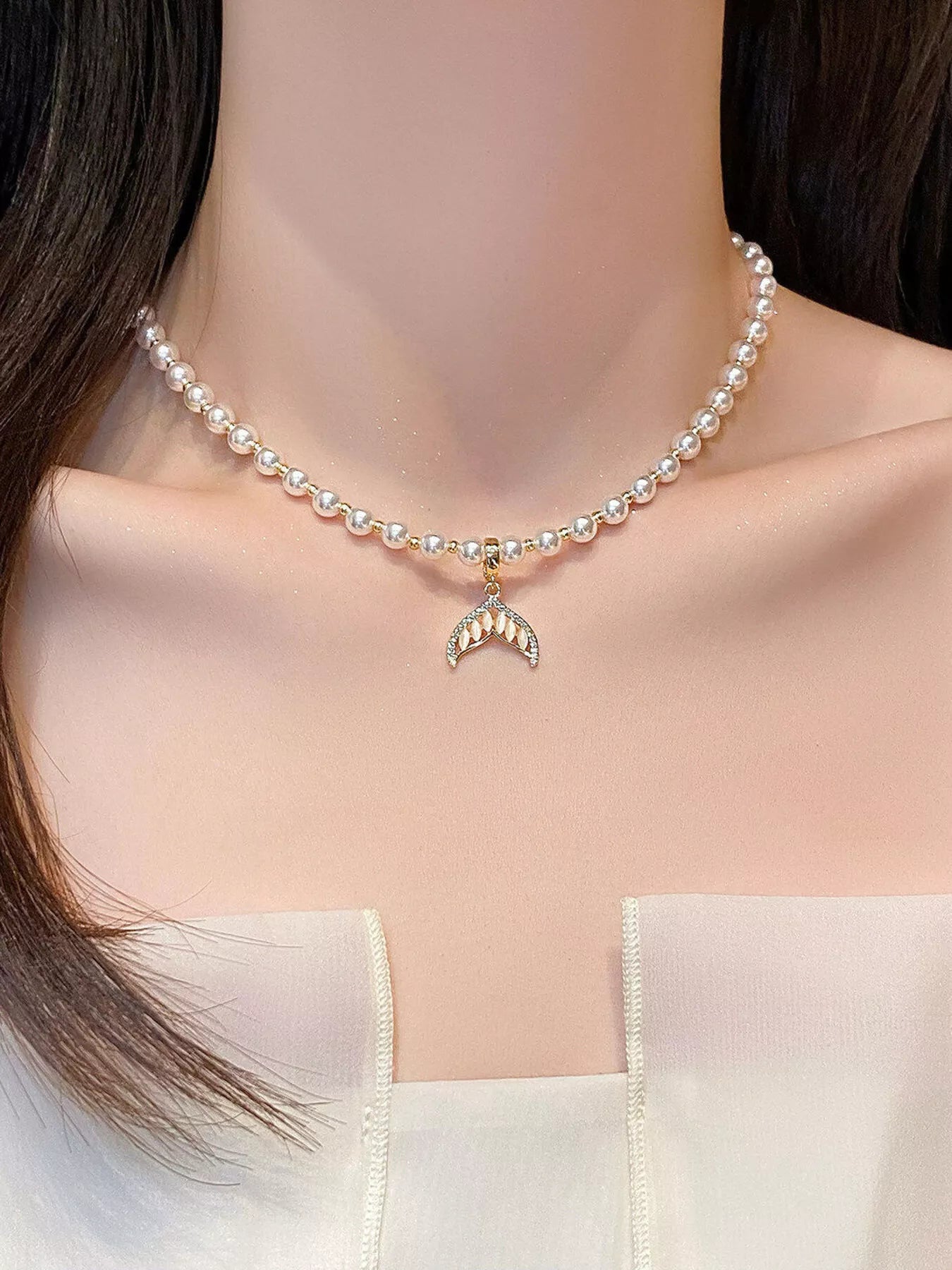 Women's Synthetic Pearl Mermaid Tail Pendant Necklace With Zircon