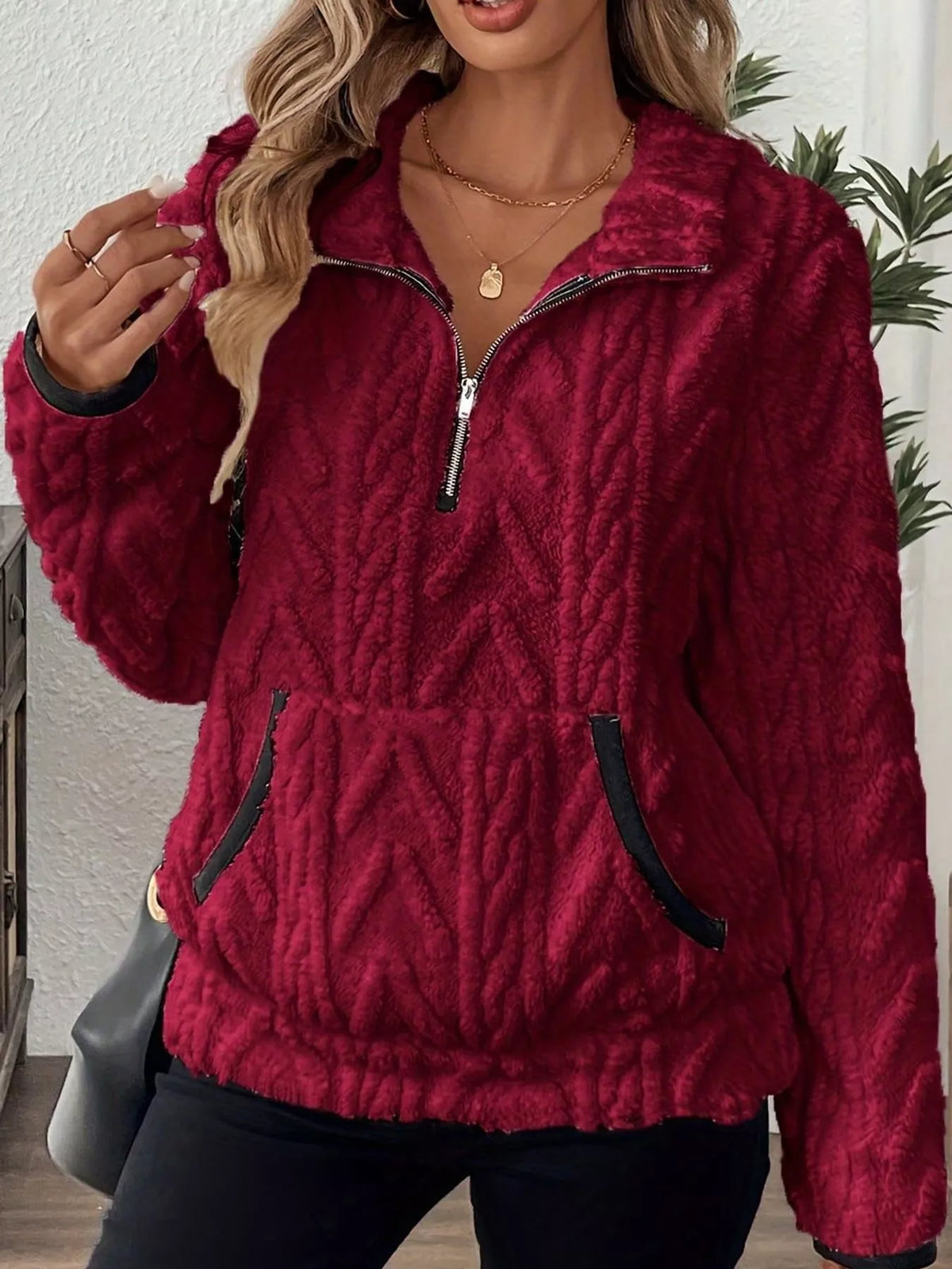 Women's Quarter-Zip Sherpa Sweatshirt in burgundy — front view