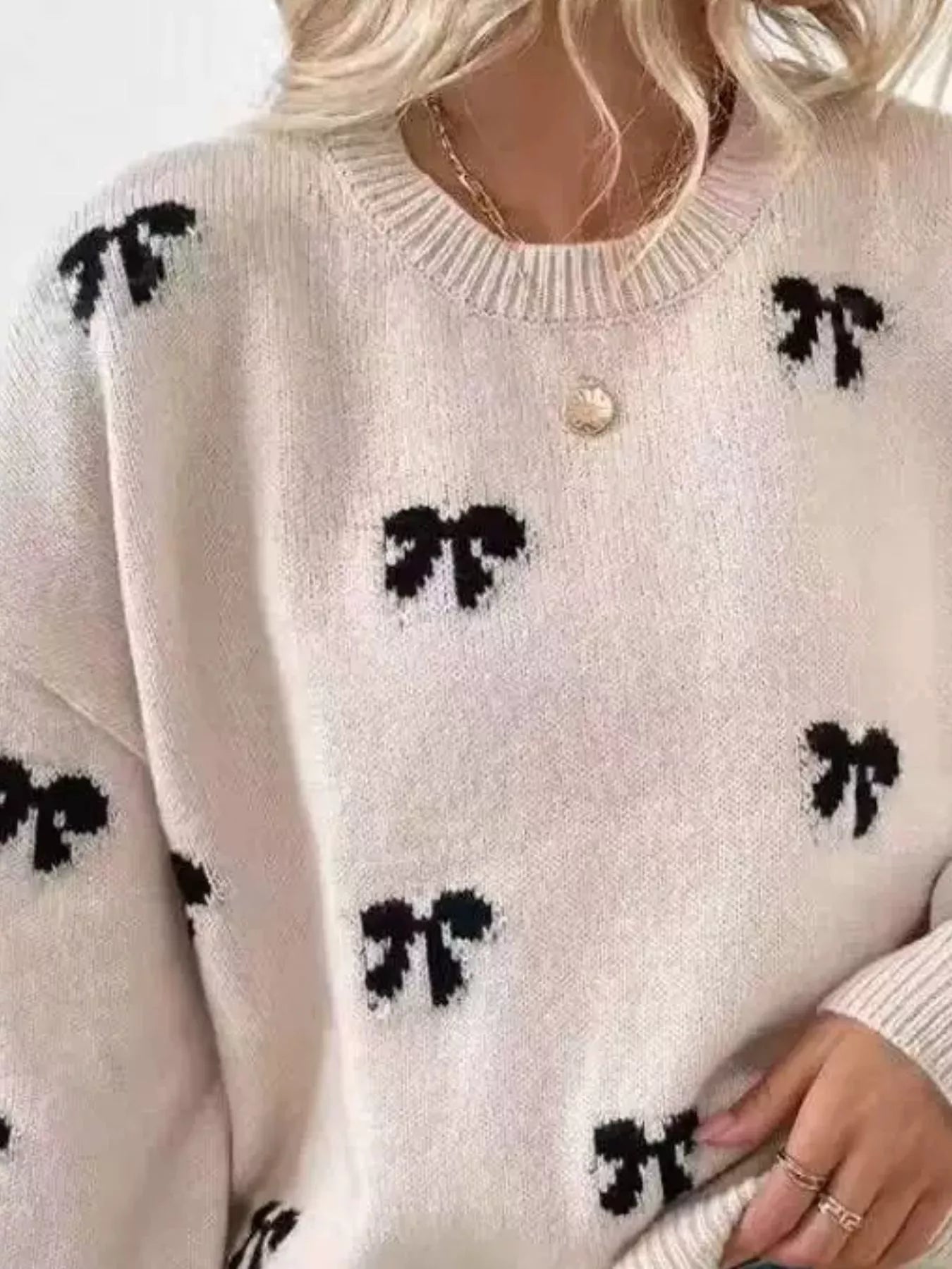 Trendsi Bow Round Neck Dropped Shoulder Sweater -