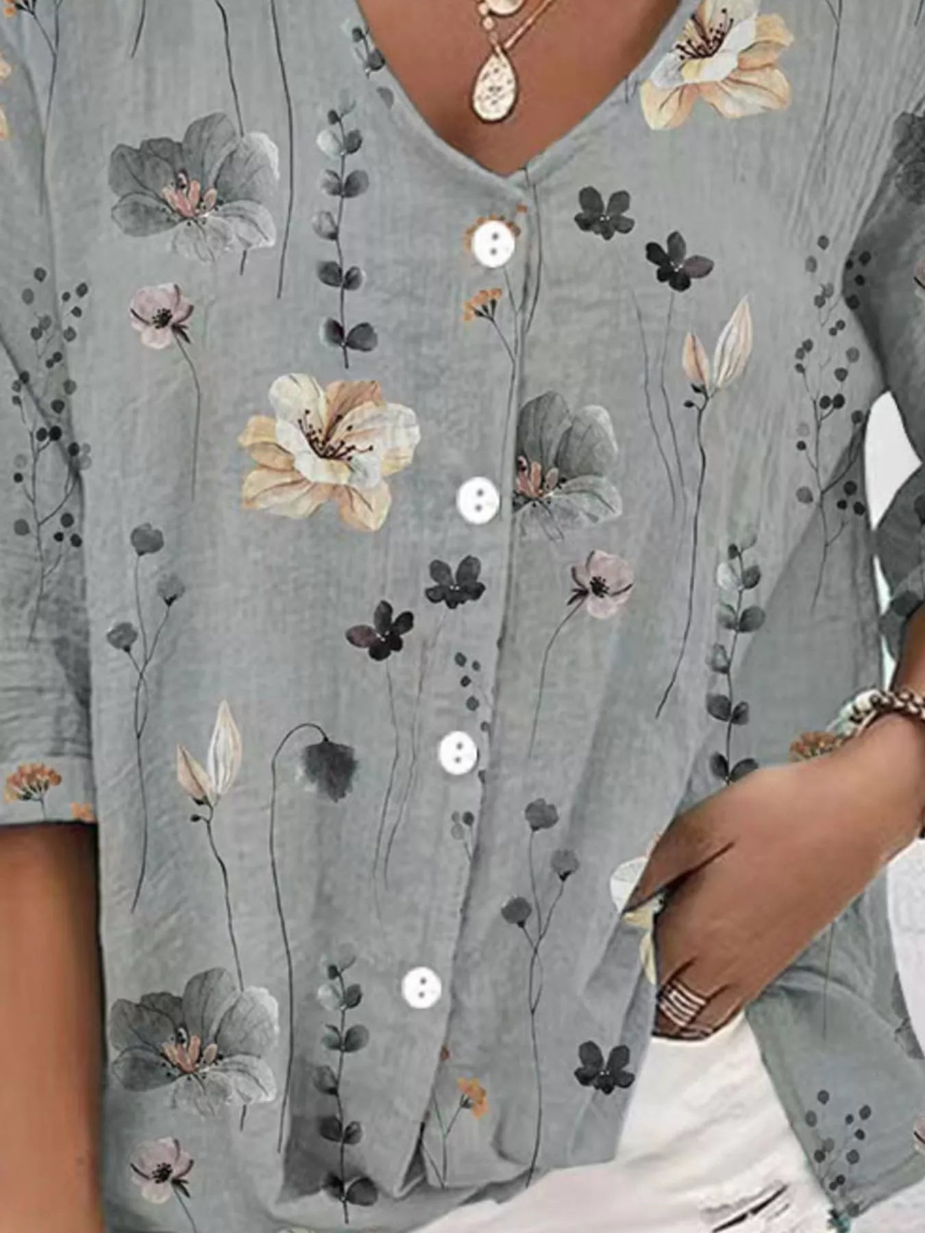 Trendsi Floral Print V-Neck Button-Down Shirt -