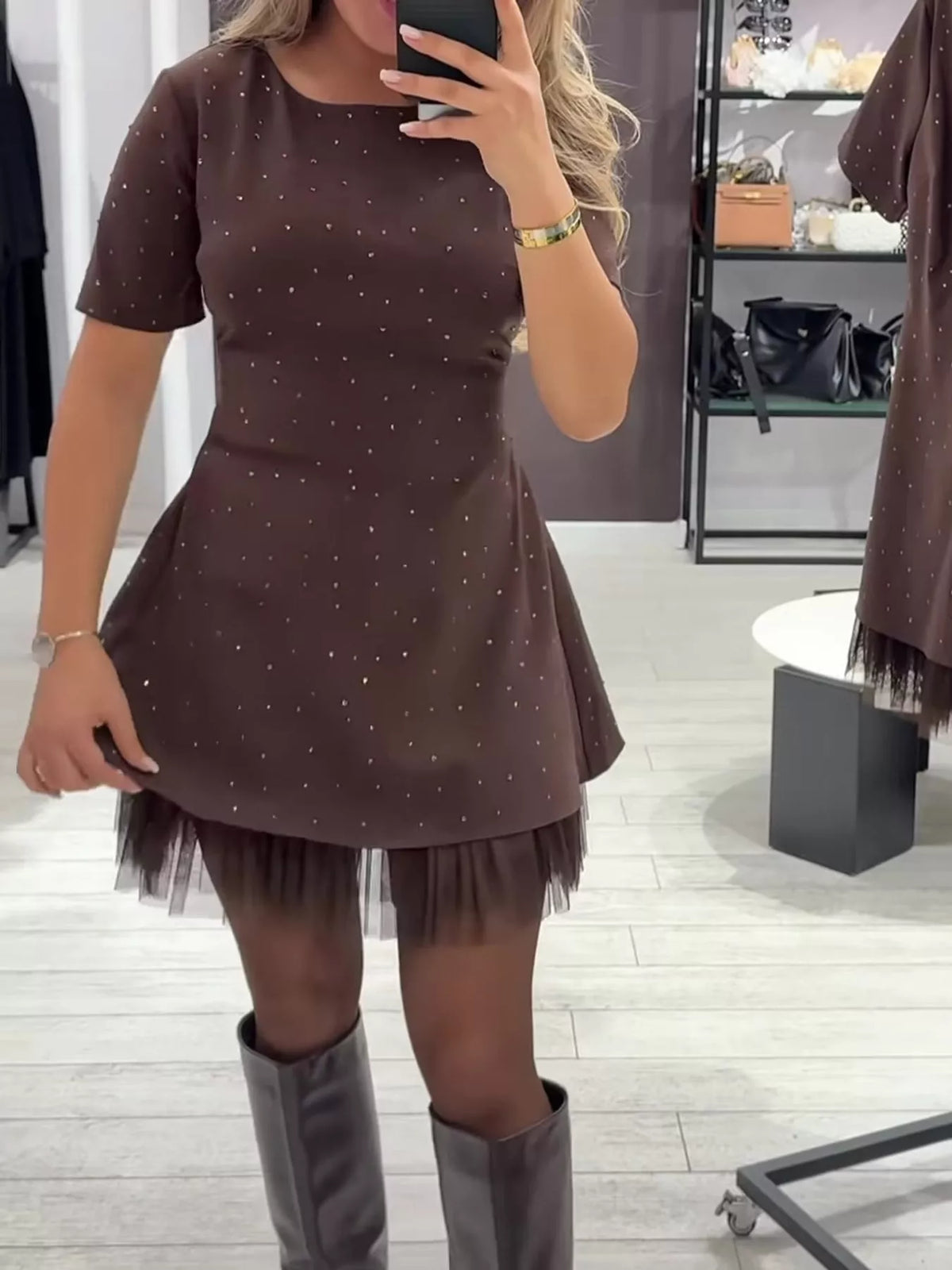 Brown rhinestone a line mini dress with tulle hem, front view