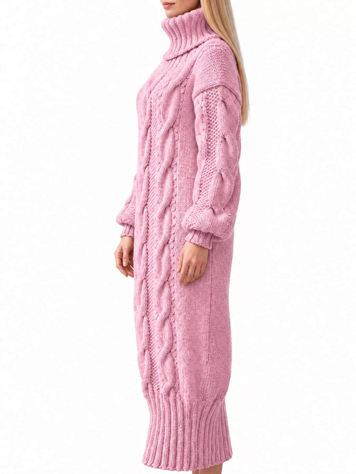 Pink oversized cable knit turtleneck sweater dress