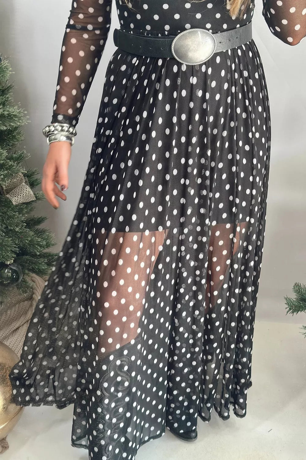 Women's Polka Dot Sheer Mesh Long Sleeve Maxi Dress in Black, back view