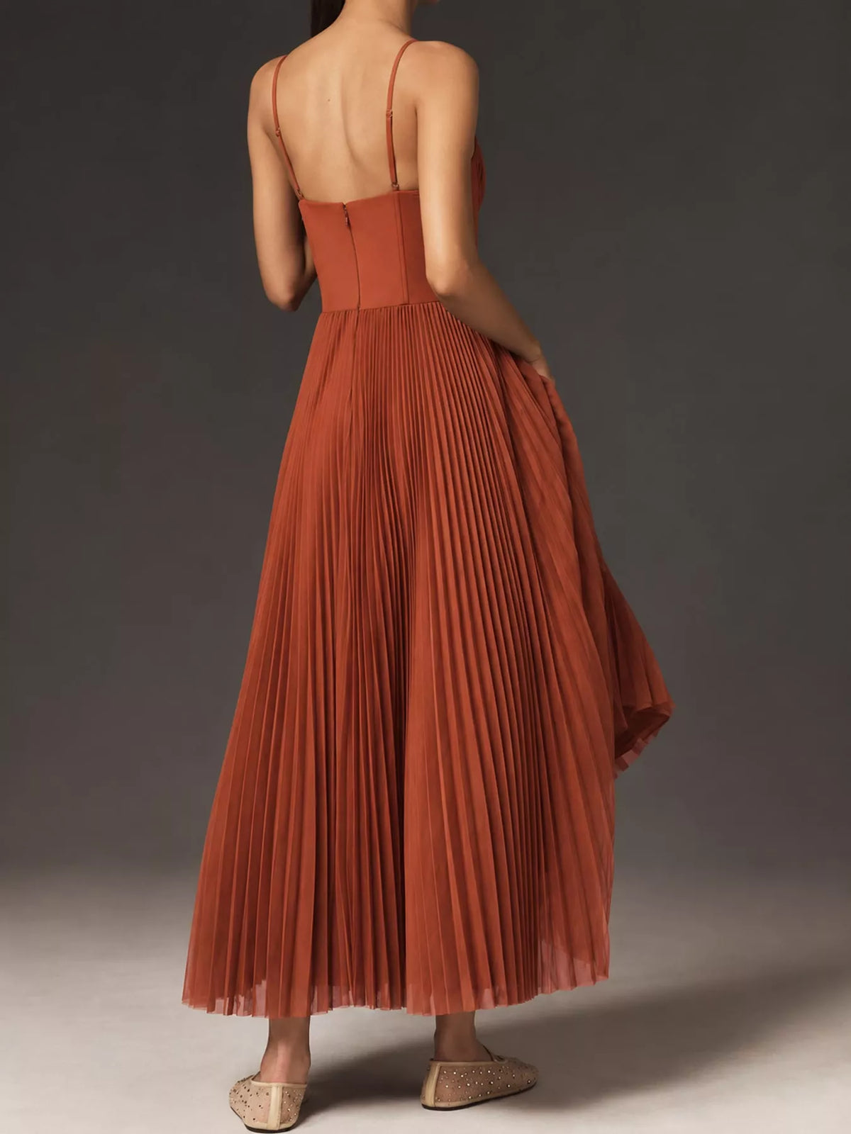 Rust pleated sweetheart neck midi dress — back view