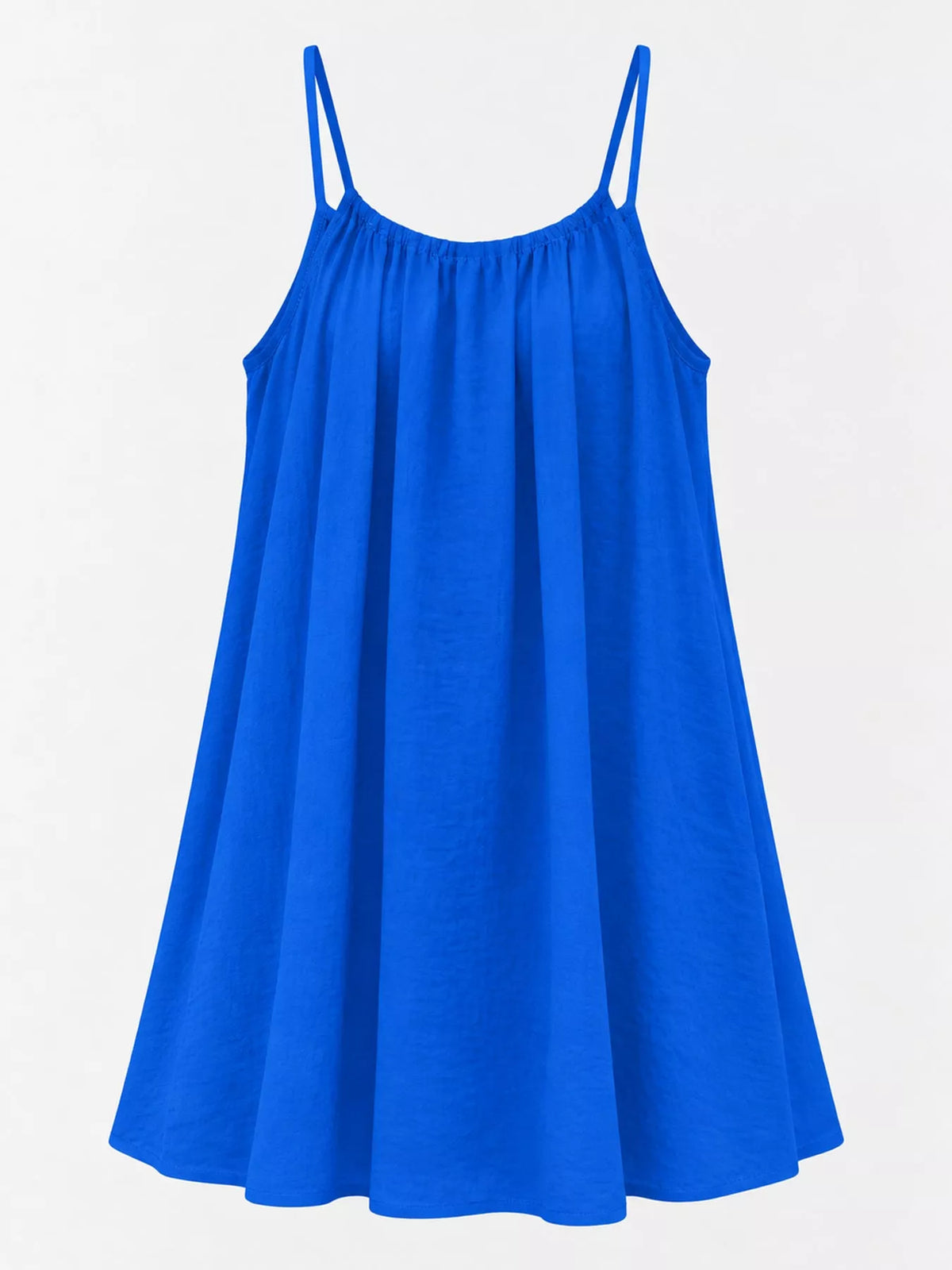 Blue spaghetti strap A-line mini dress with open tie back