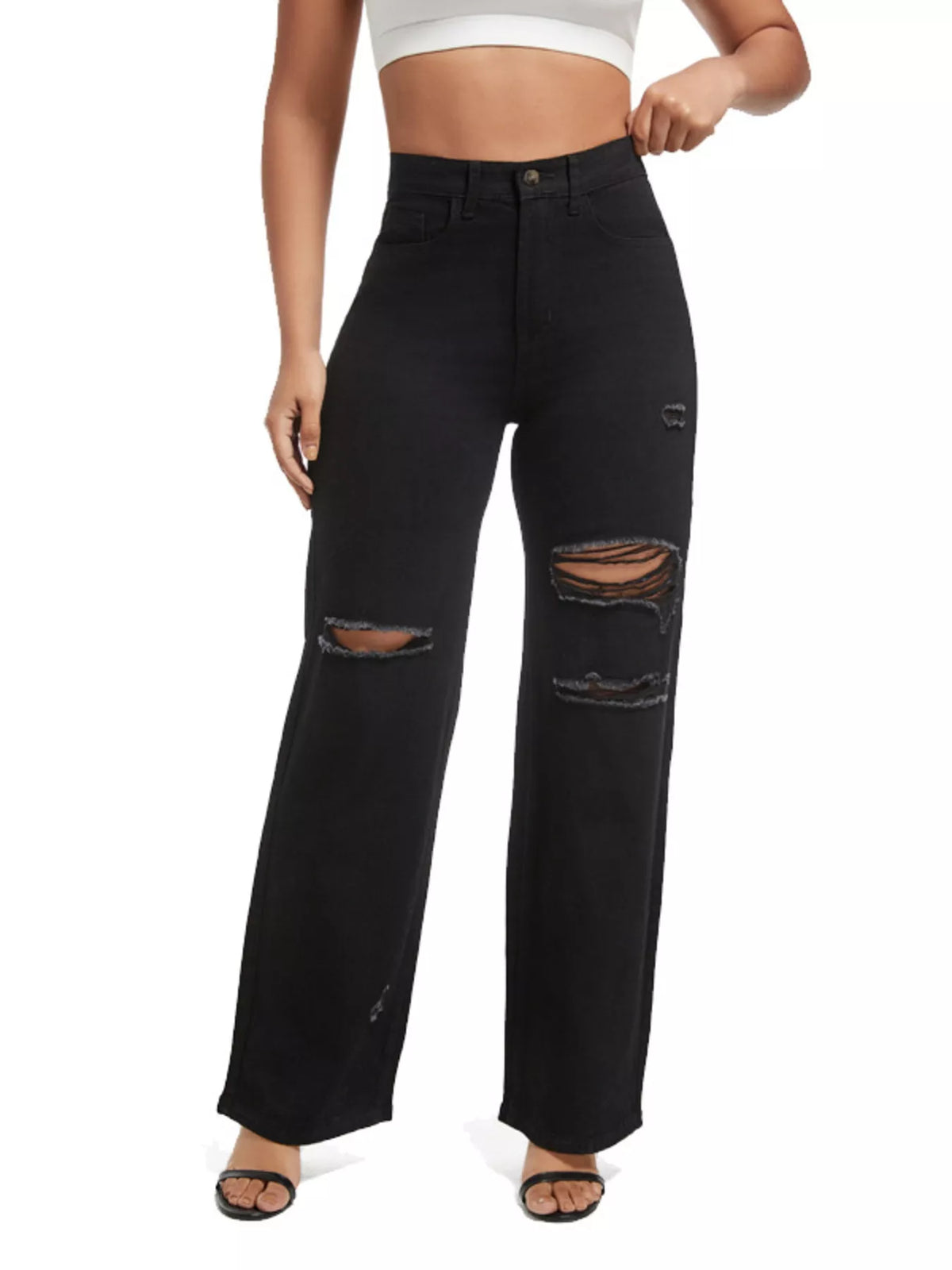 Black distressed wide-leg jeans, front view with hand at waist