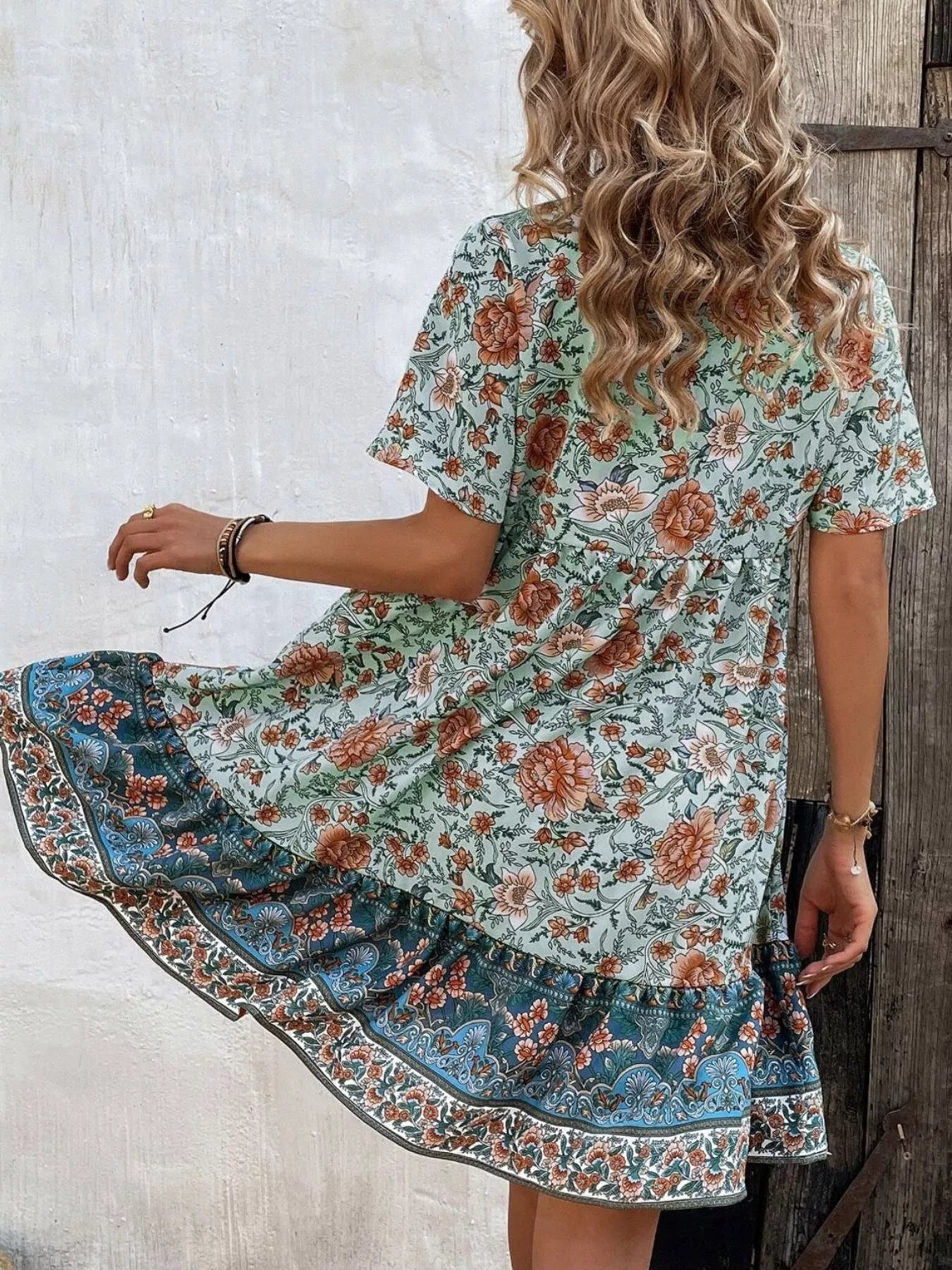 Trendsi Floral Print Tie-Neck Ruffle Hem Mini Dress -