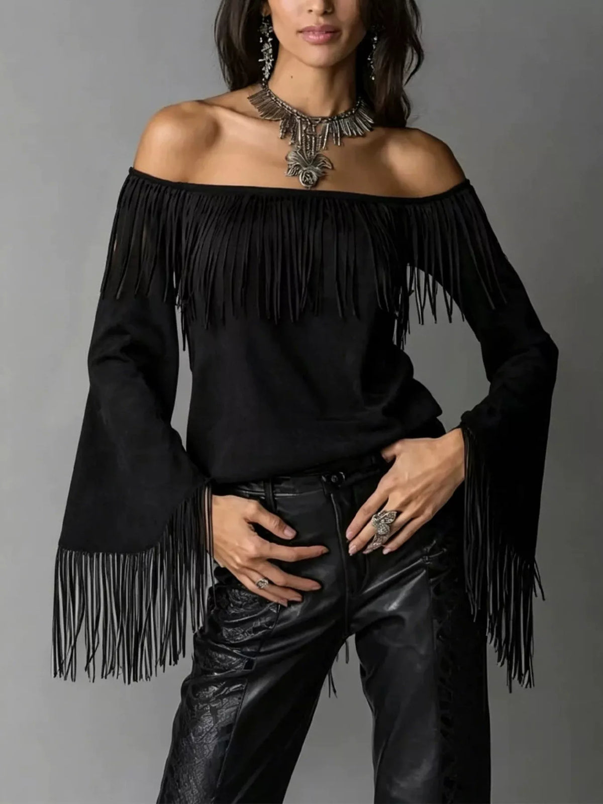 Fringed Off-Shoulder T-Shirt in black, front view