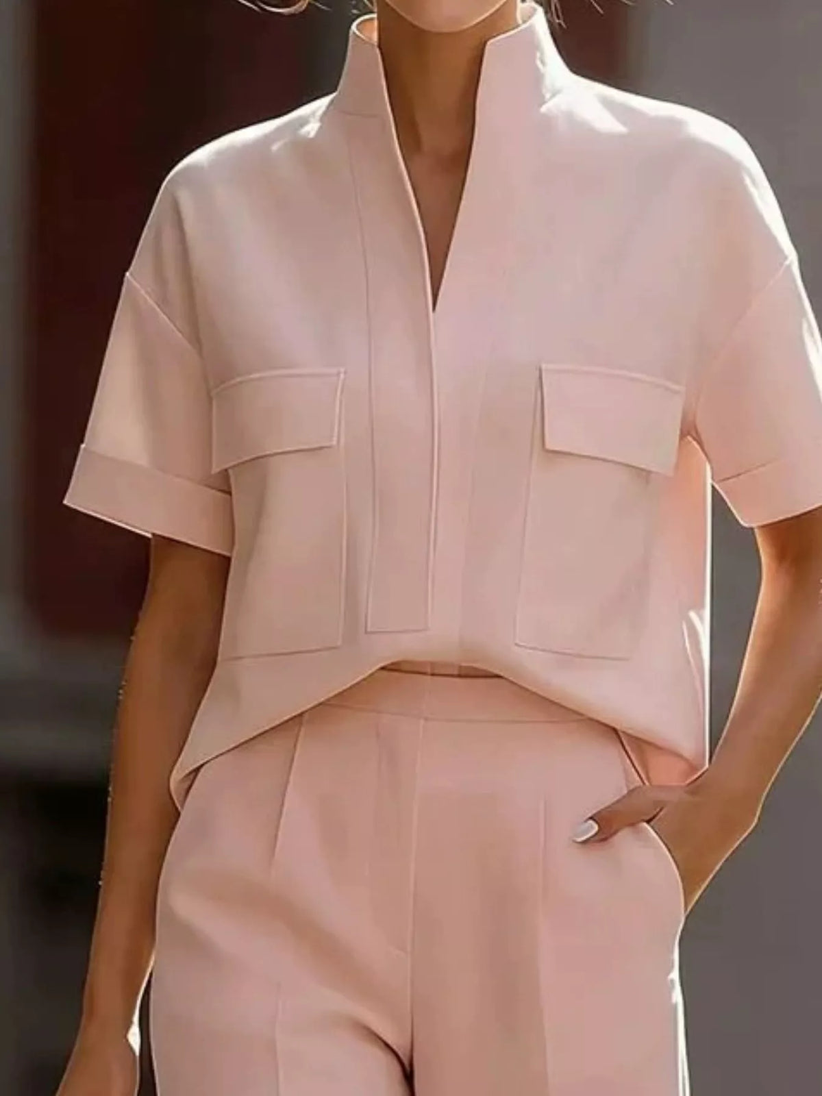 Pink short sleeve shirt and capris set