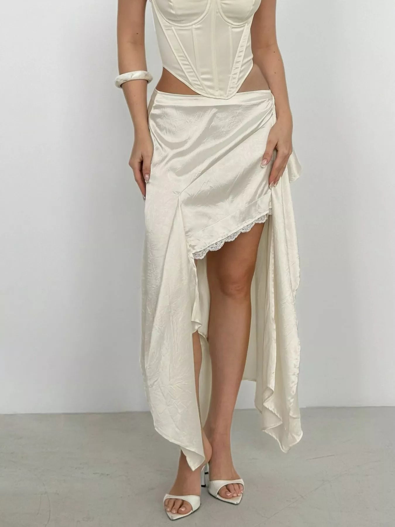 Trendsi Satin High-Low Lace Trim Skirt -