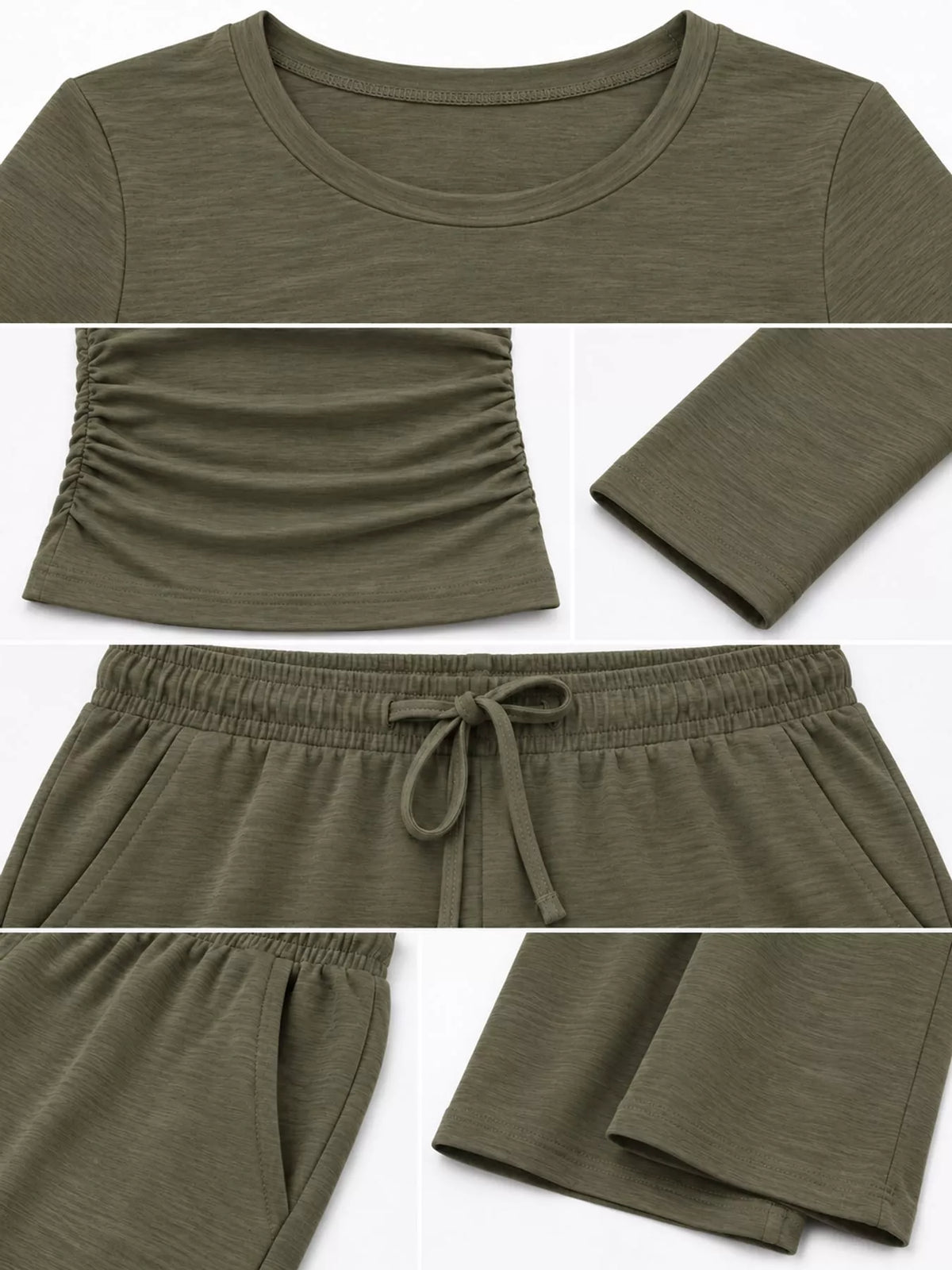 Long Sleeve Ruched Top and Wide-Leg Drawstring Pants Set — construction details