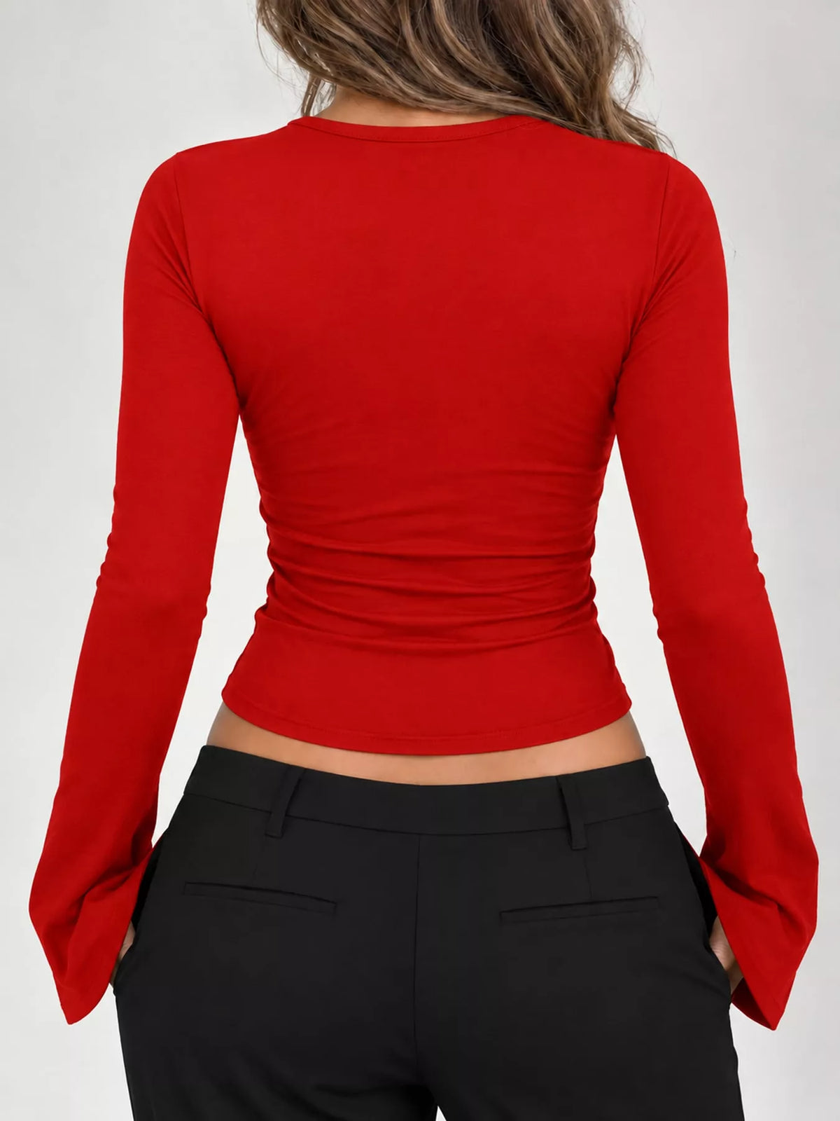 Red lace trim v-neck long sleeve slim fit t-shirt, back view
