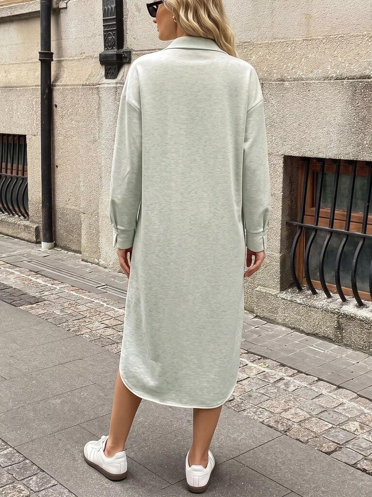 Light gray polo-collar midi dress, back view