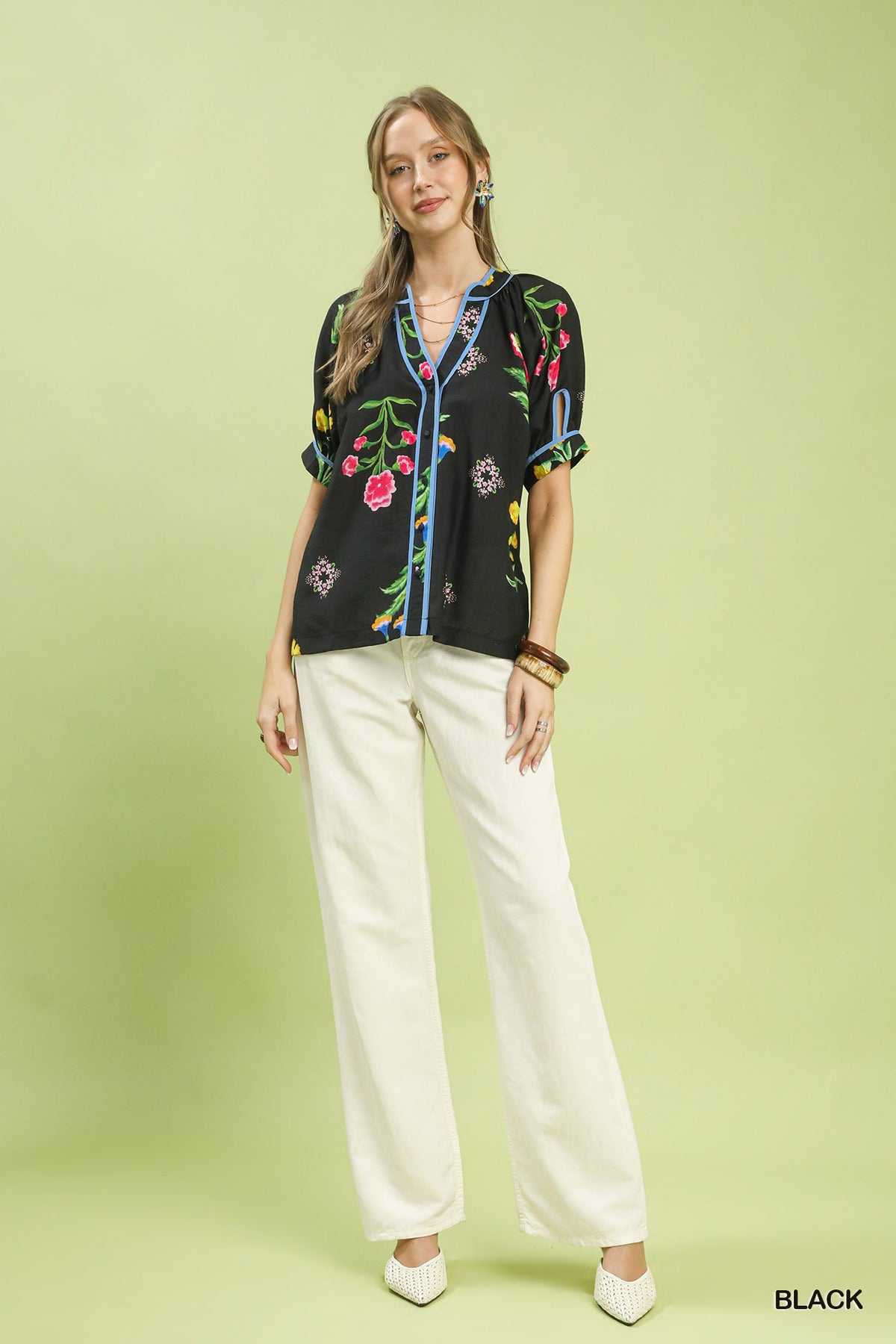 Women's Botanical Print Button-Front Blouse With Blue Trim — product view 5