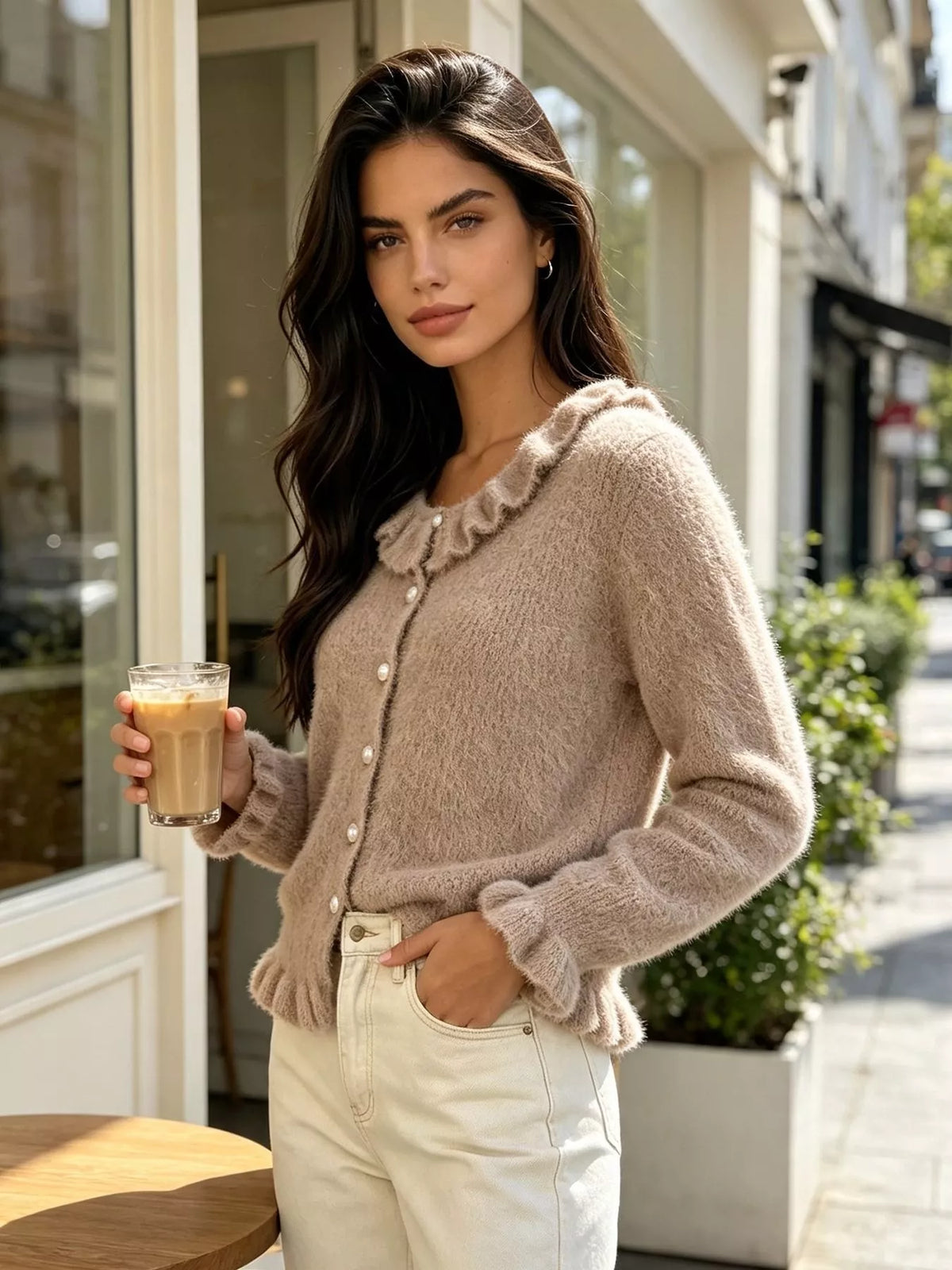 Taupe fuzzy ruffle-trim button-front cardigan, angled front view.