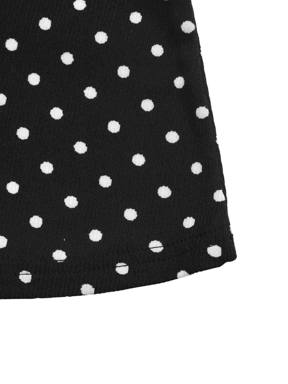 Black polka dot flounce sleeve mini dress, hem detail