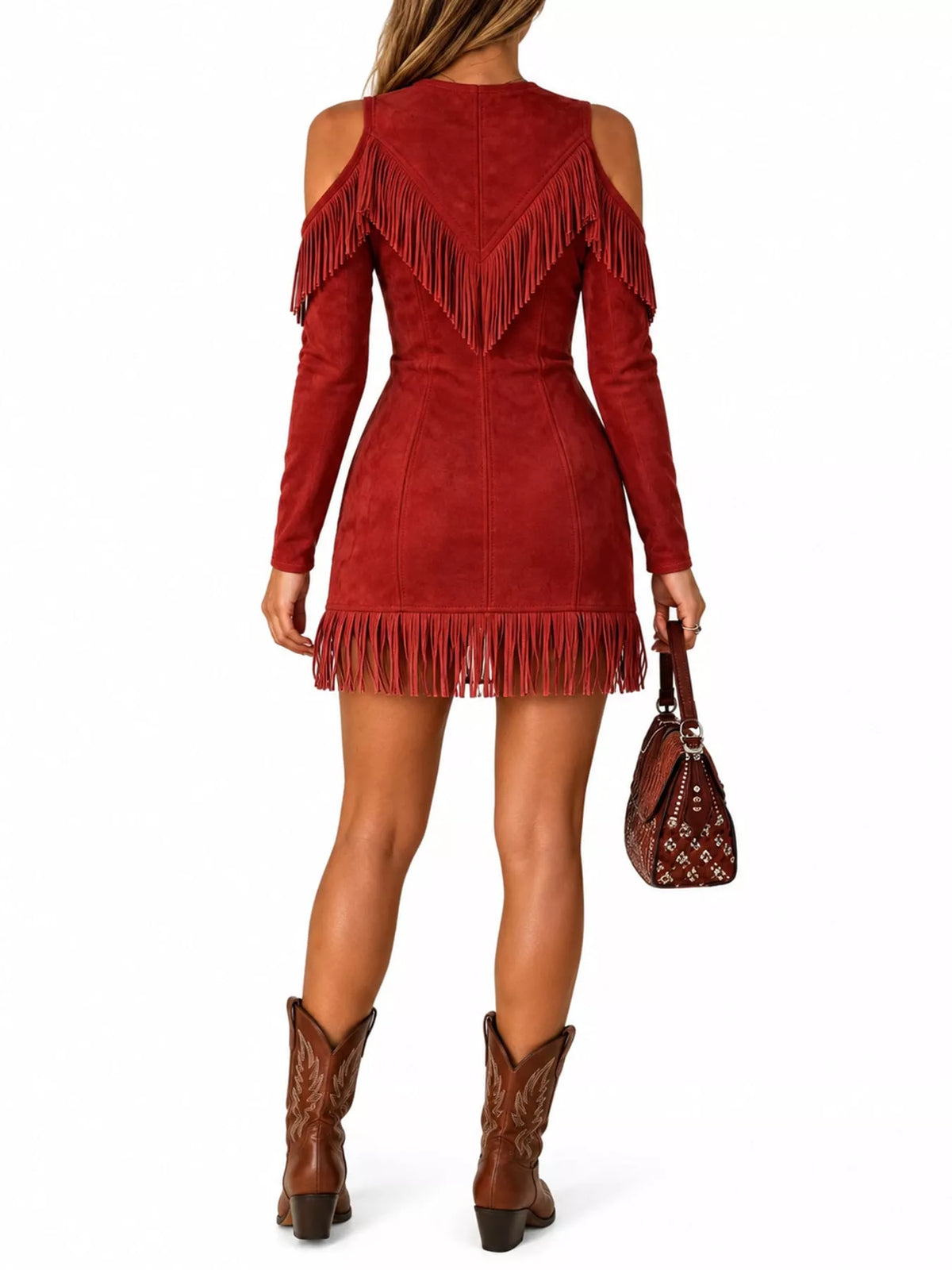 Fringed cold-shoulder dress, red back