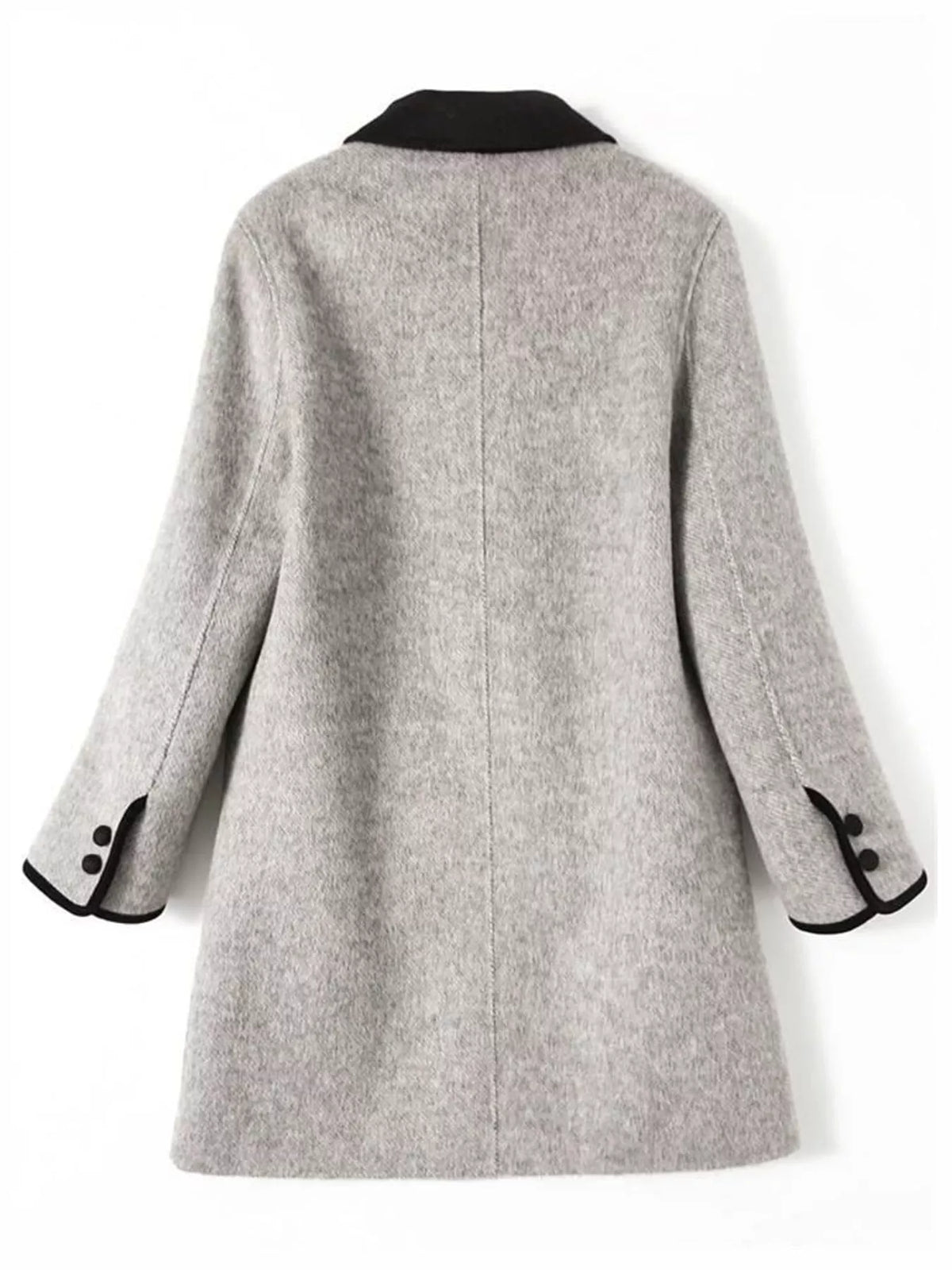 Gray double breasted coat with contrast trim, back view