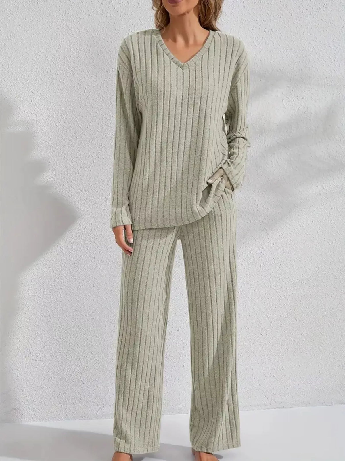 Ribbed Knit V-Neck Top and Pants Lounge Set in sage green