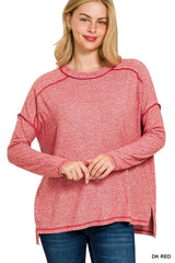 Trendsi Zenana Full Size Melange Hacci Exposed Seam Hi-low Tee Plus Size -