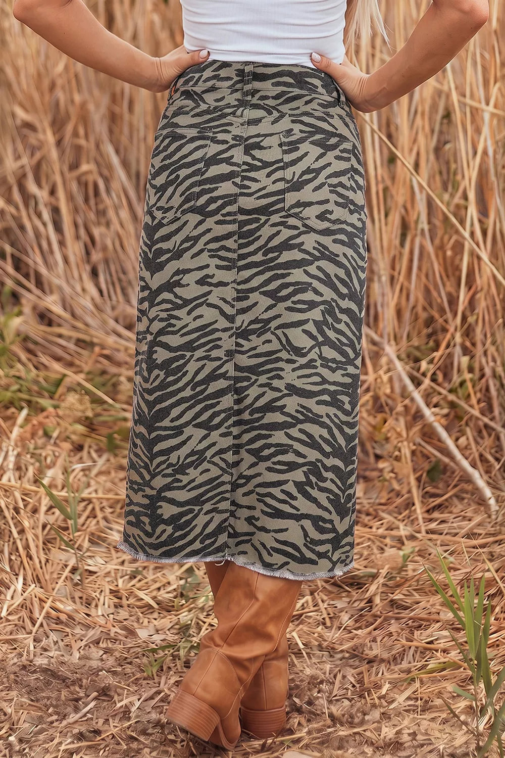 Trendsi Leopard Print Side Split Frayed Hem Denim Midi Skirt -