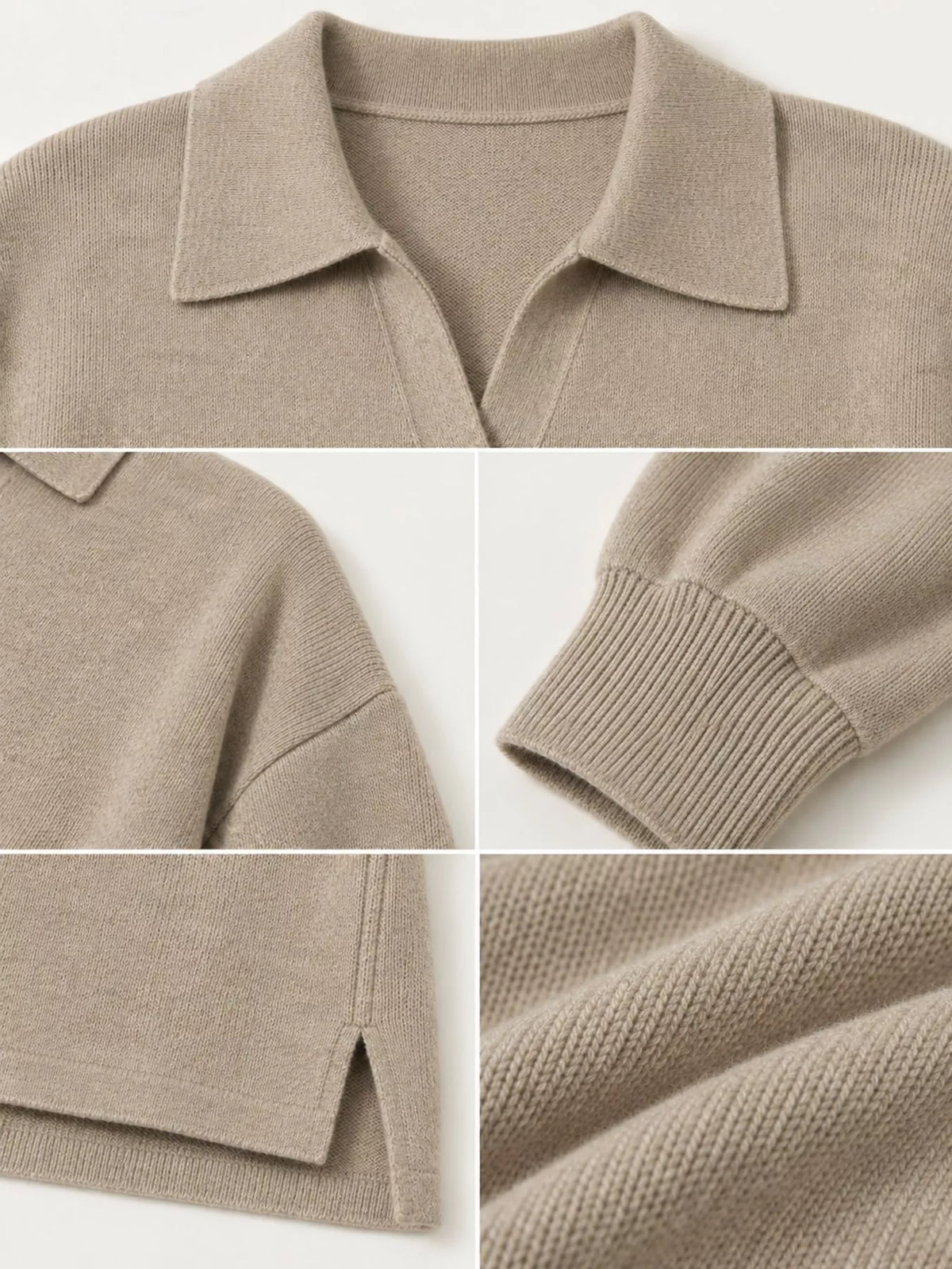 Oatmeal dropped shoulder polo collar sweater, detail view
