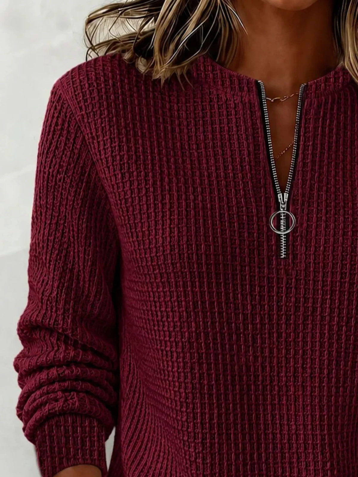 Women's Quarter-Zip Waffle Knit Sweatshirt in burgundy — zipper detail view