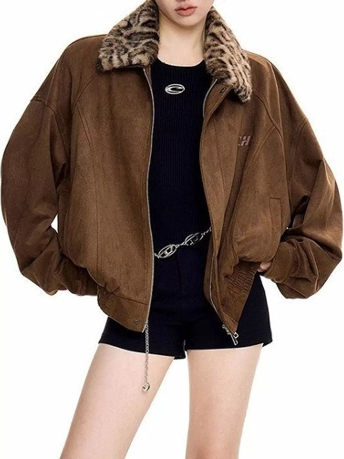 Brown faux fur collar zip up jacket, front view