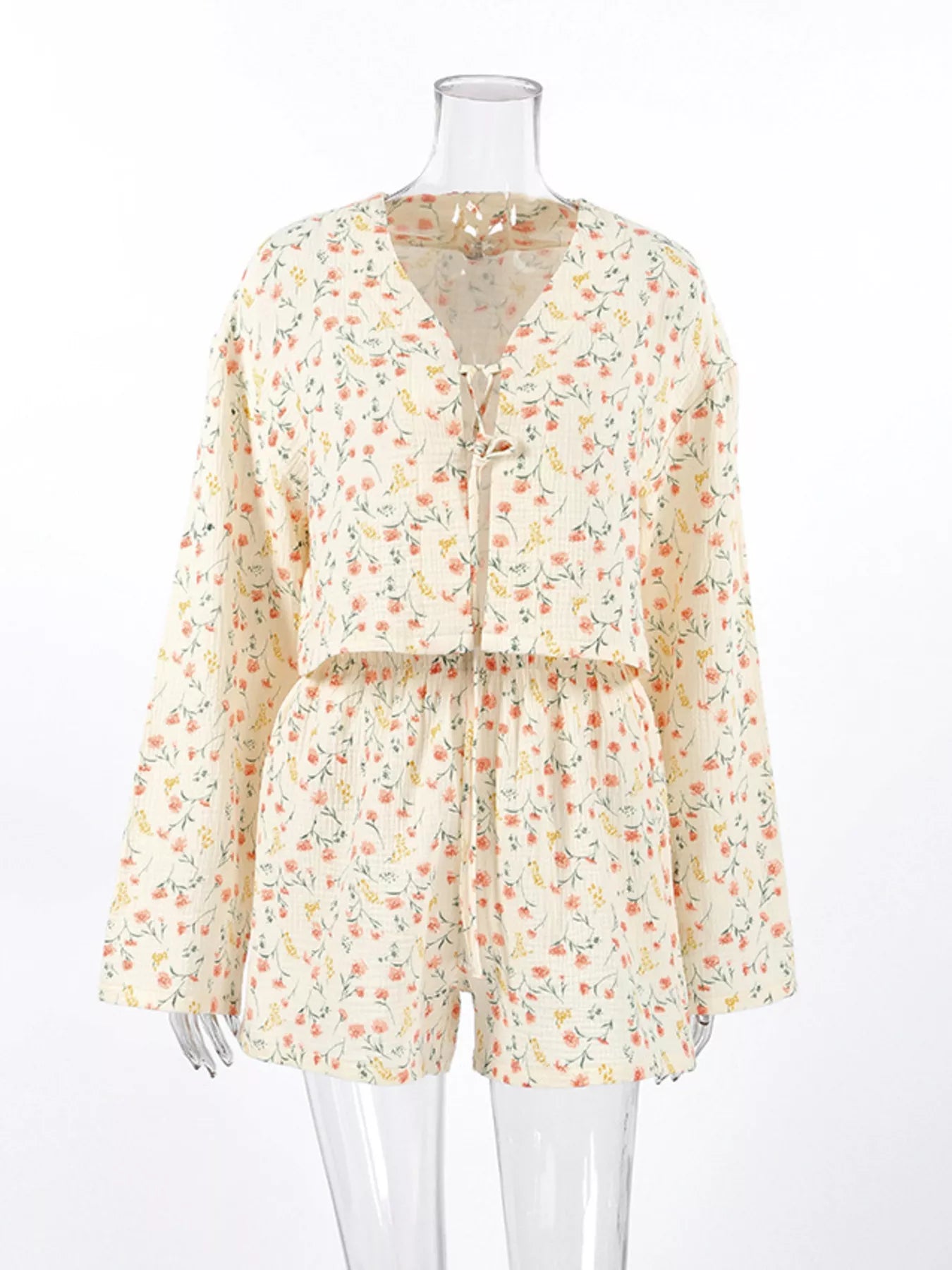 Trendsi Floral Print Crinkle Texture Tie-Front Top and Shorts Set -