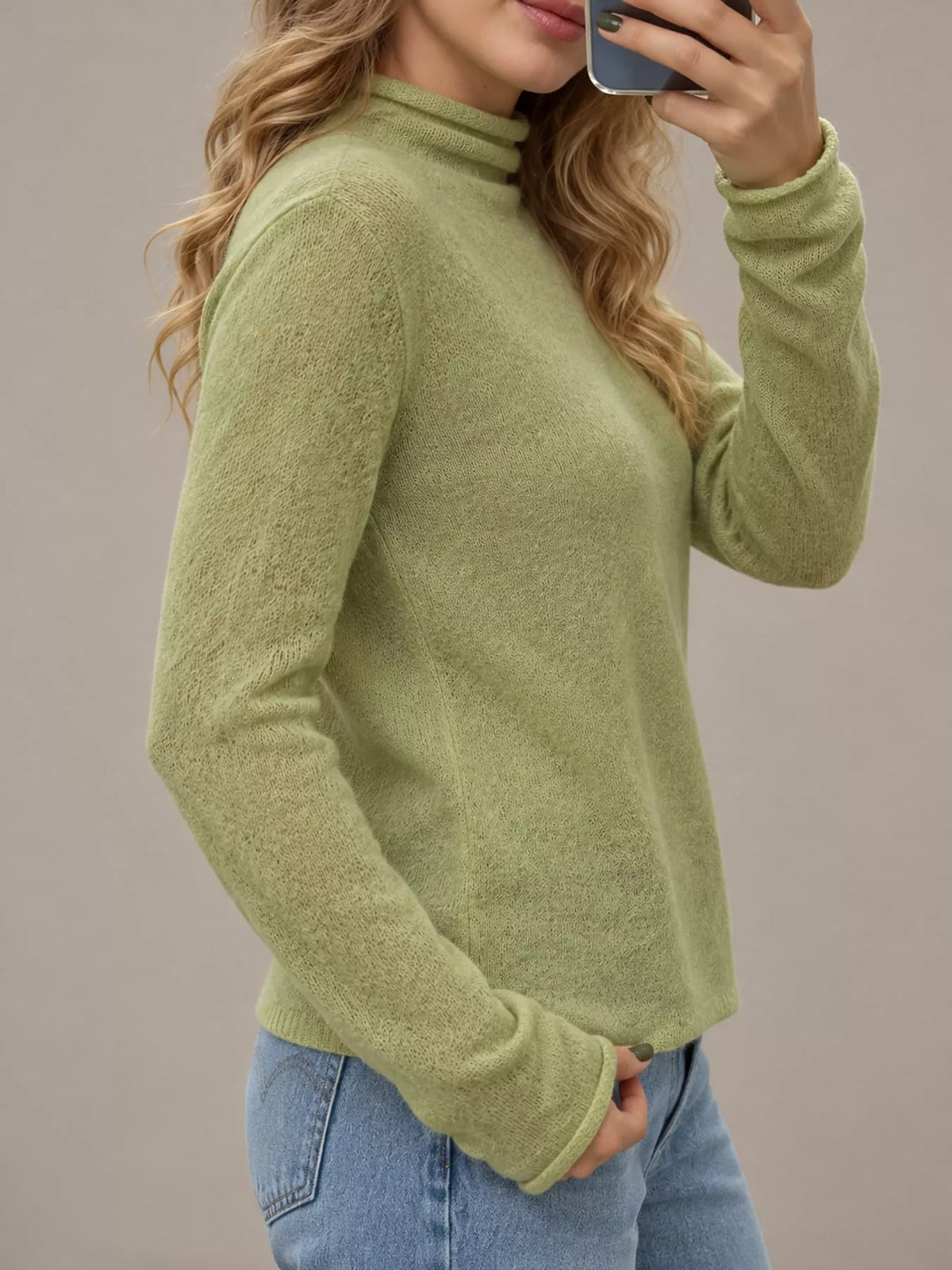 Women's Sheer Turtleneck Knit Top in olive — side view