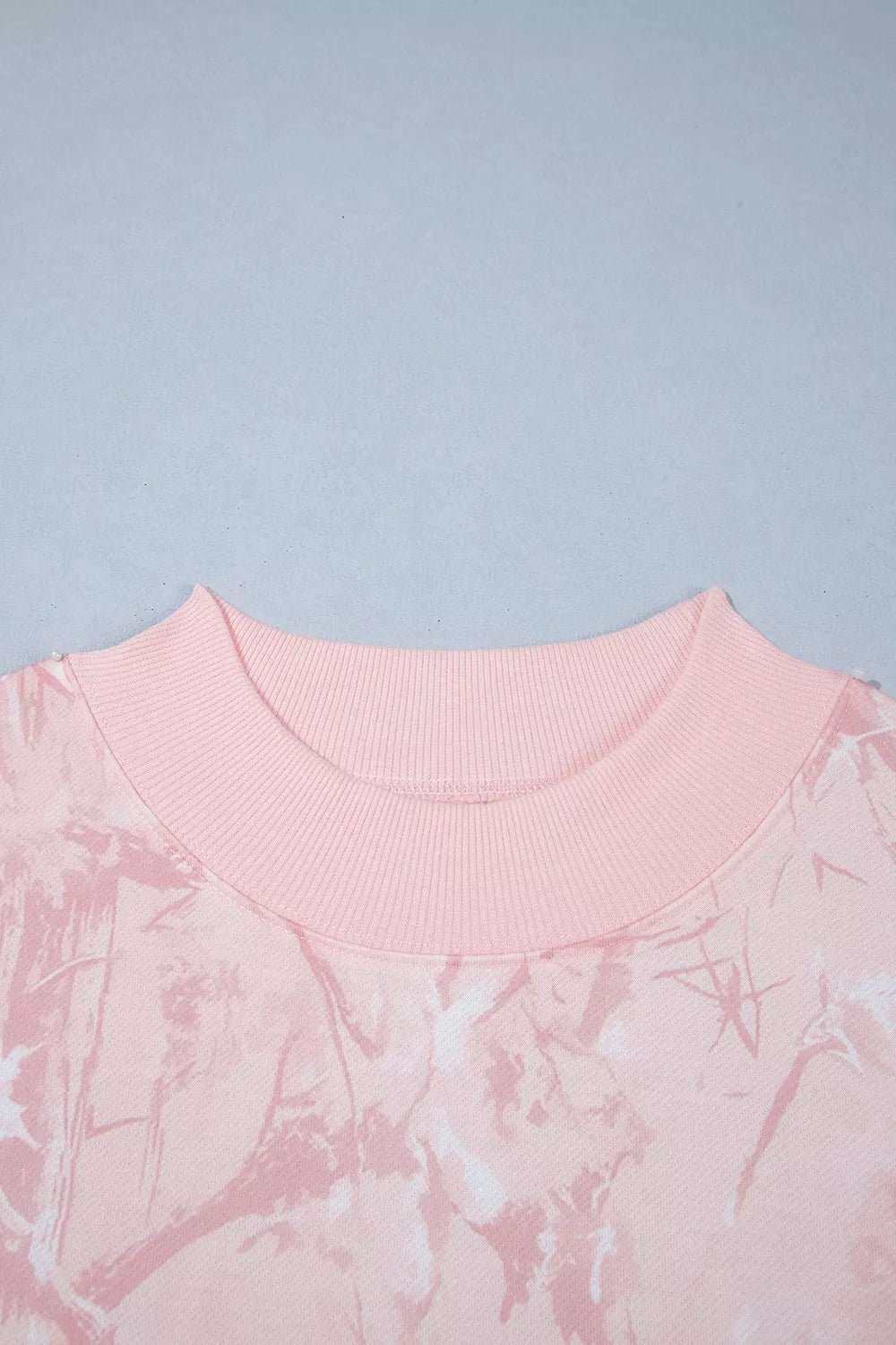 Pink camouflage top and pants set, stand neckline detail