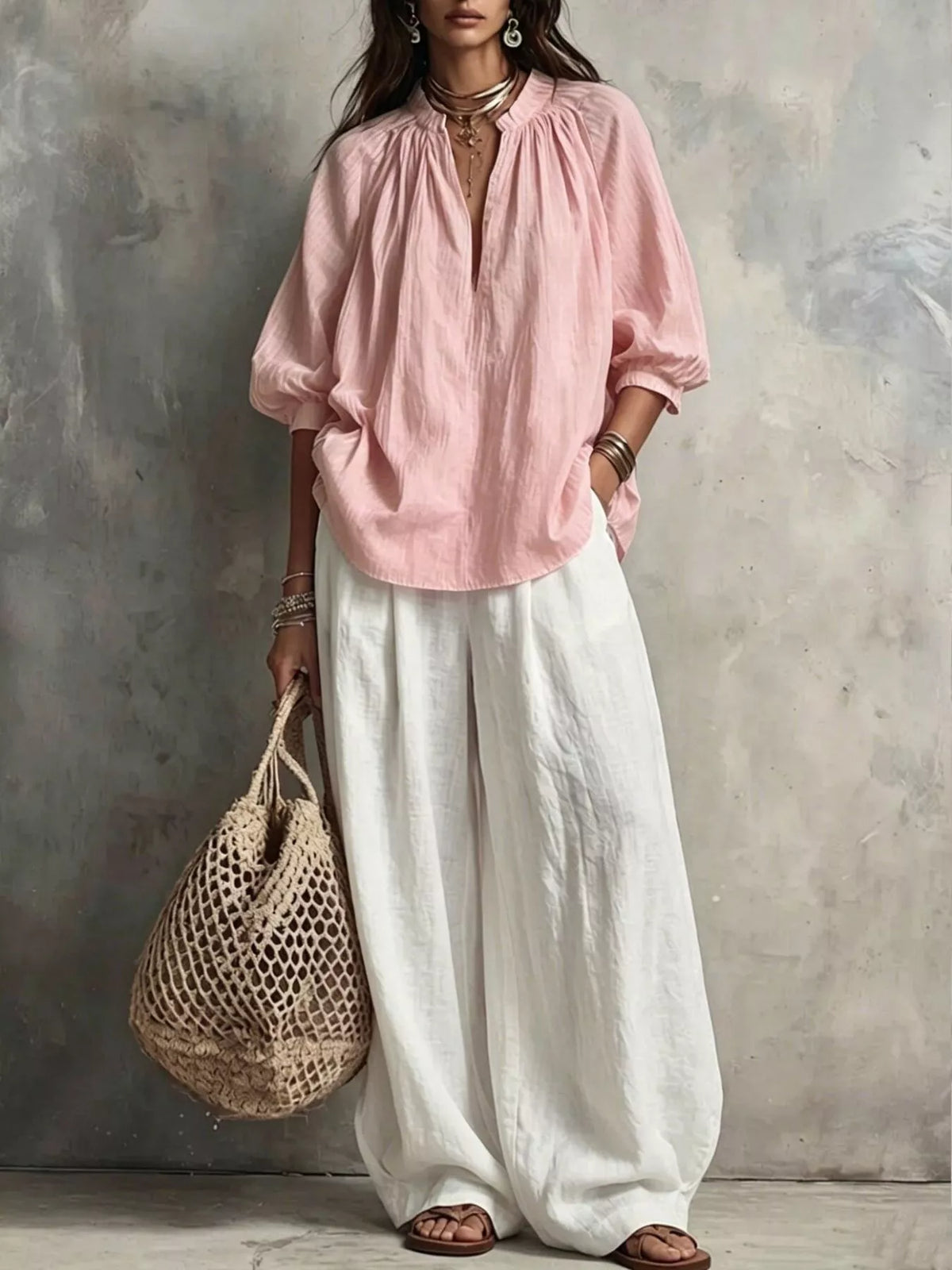 Blush Pink Notched Long Sleeve Blouse & White Wide-Leg Pants Set front view