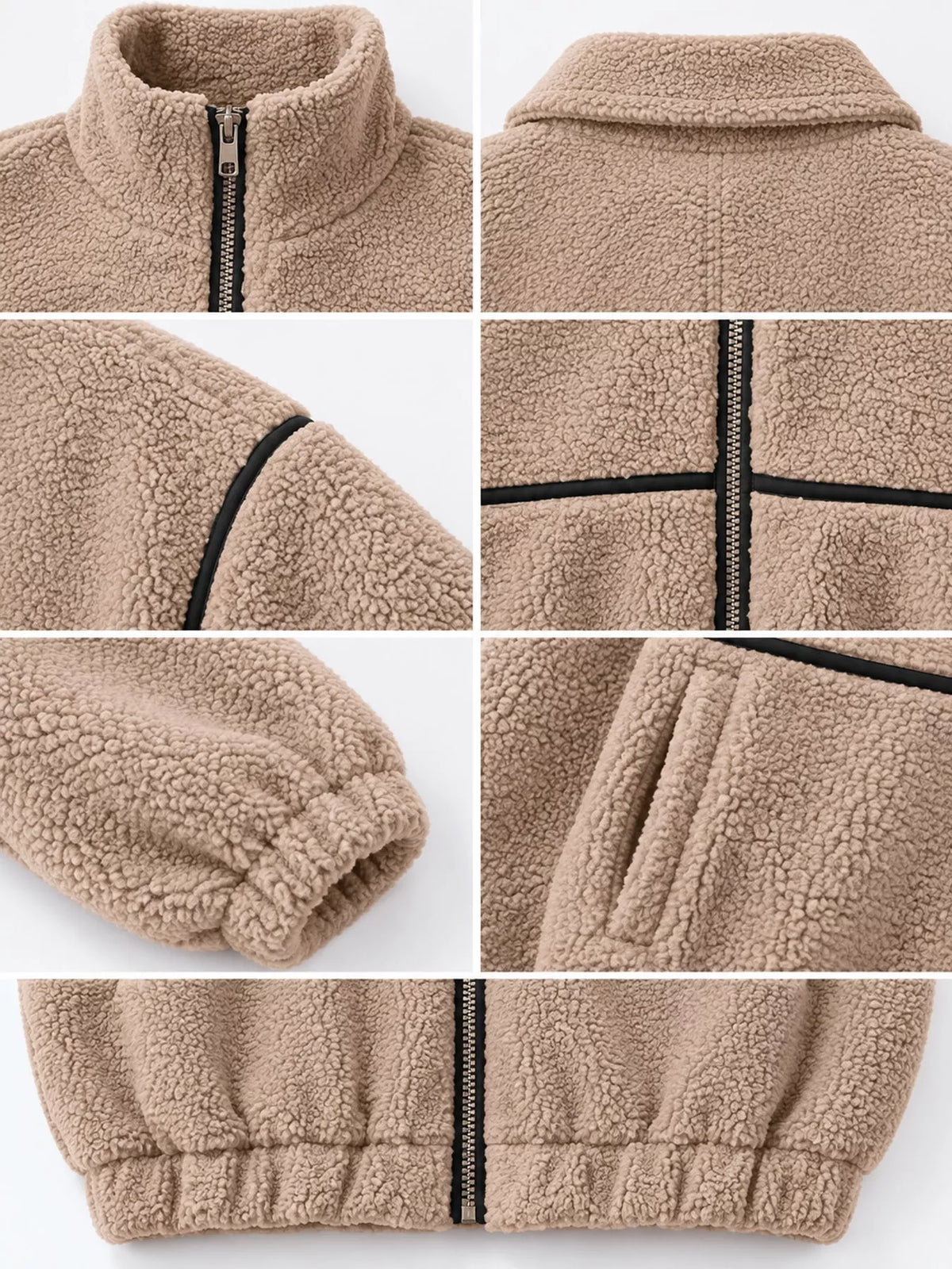Stand Collar Sherpa Fleece Zip-Up Jacket — garment construction details