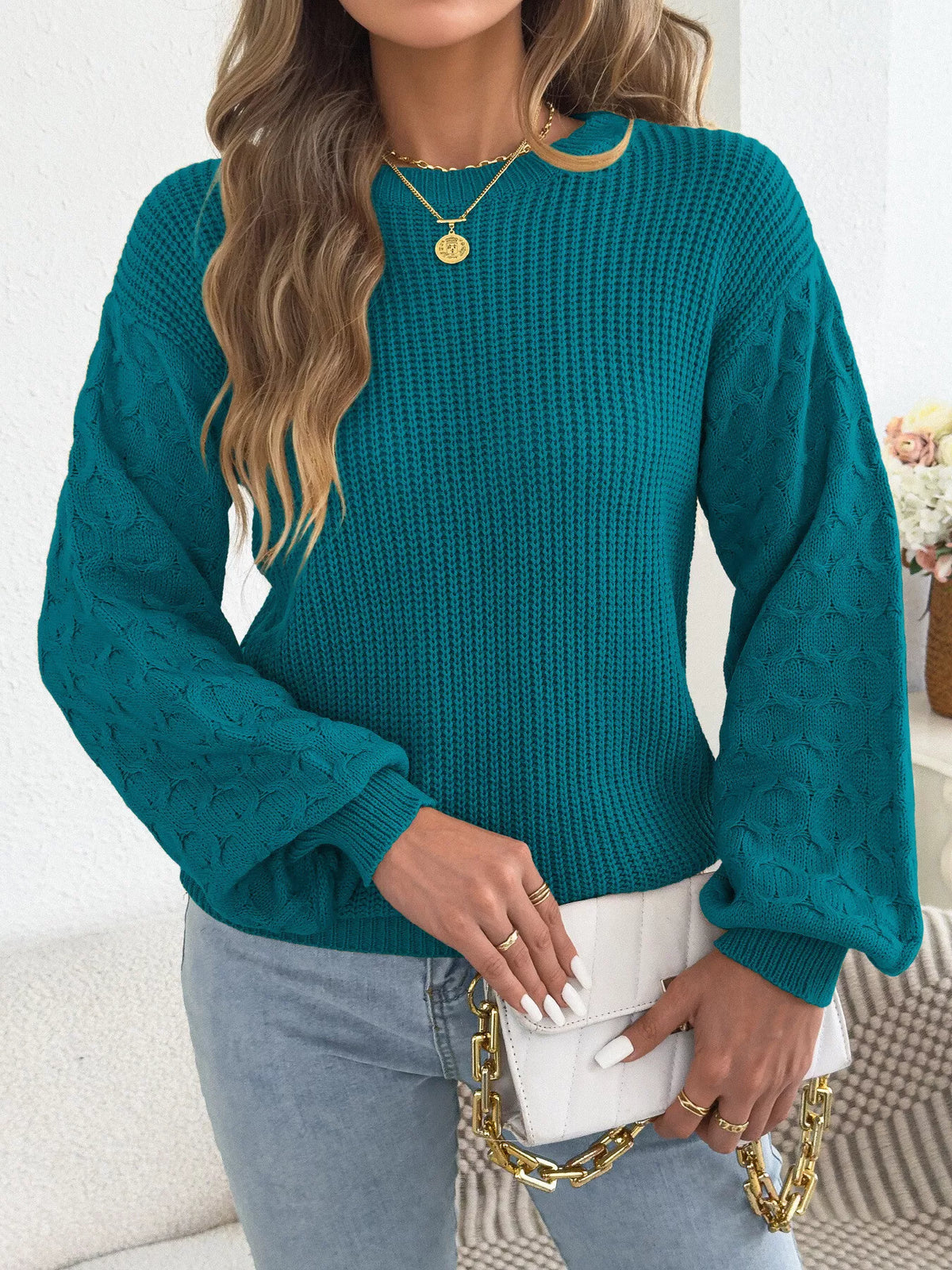 Peacock Blue textured dropped shoulder sweater