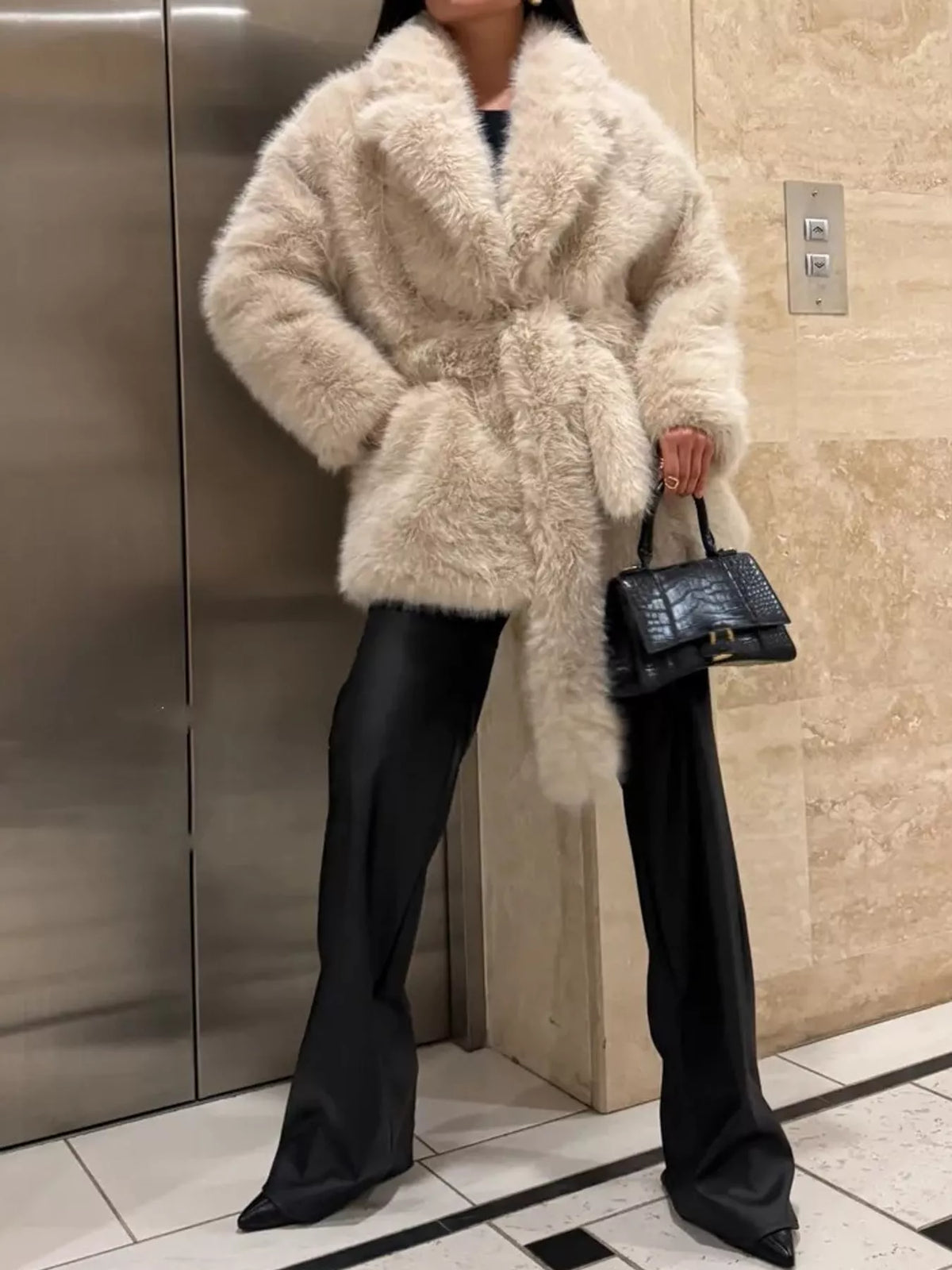 Faux Fur Belted Coat in cream