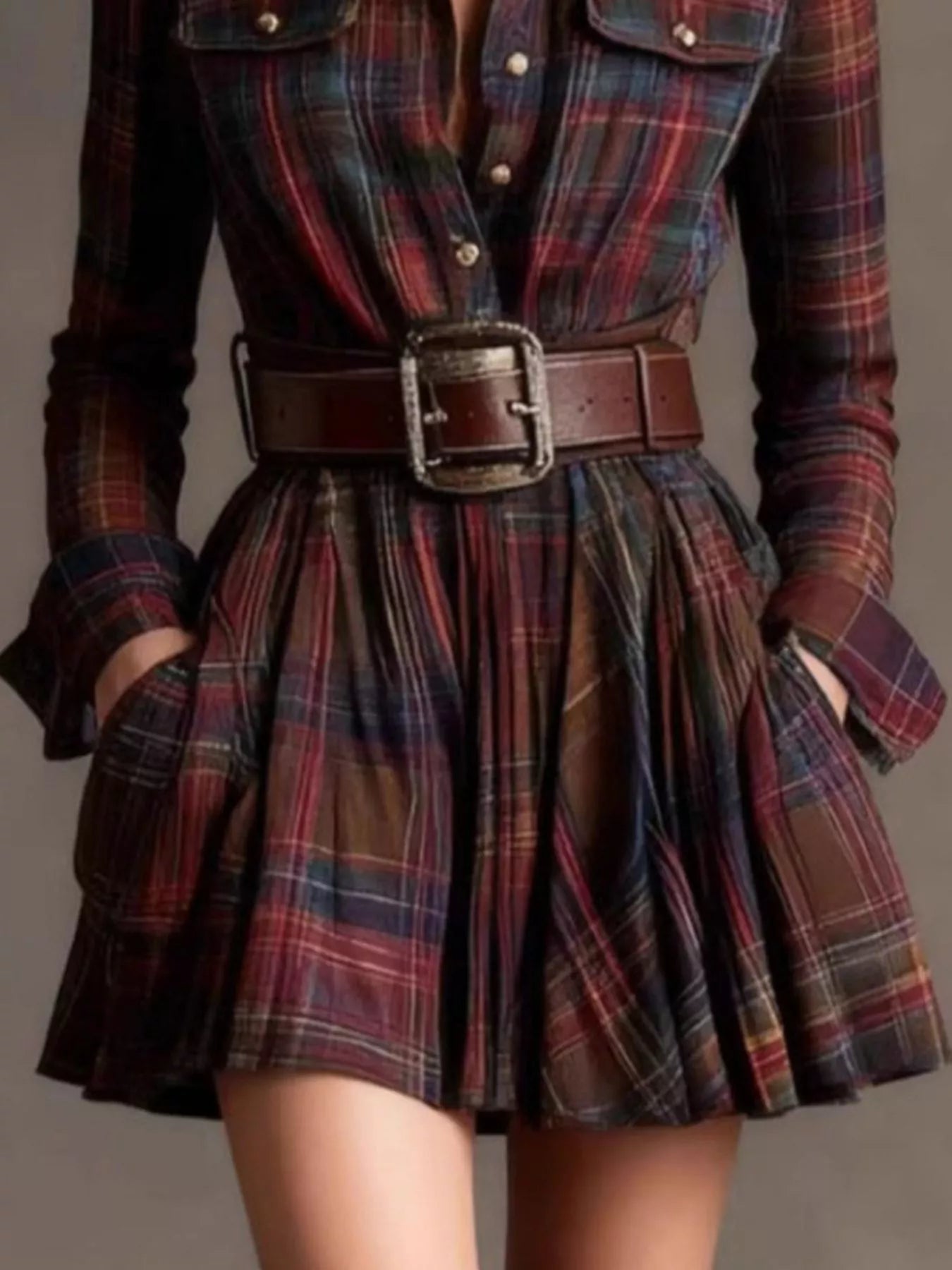Trendsi Plaid Long Sleeve Shirt Dress -